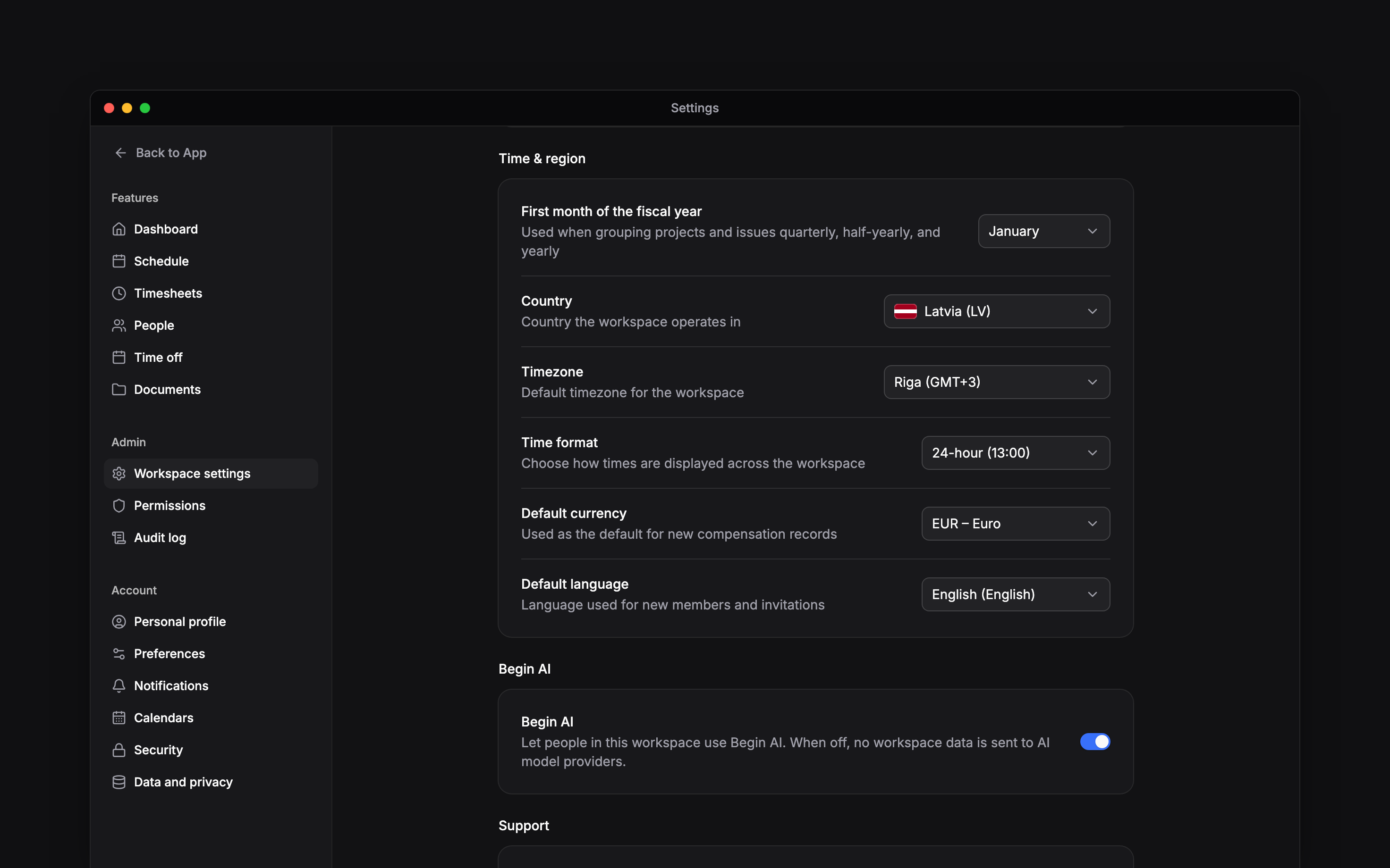 The real Time and region group with country, timezone, time format, currency, and language rows