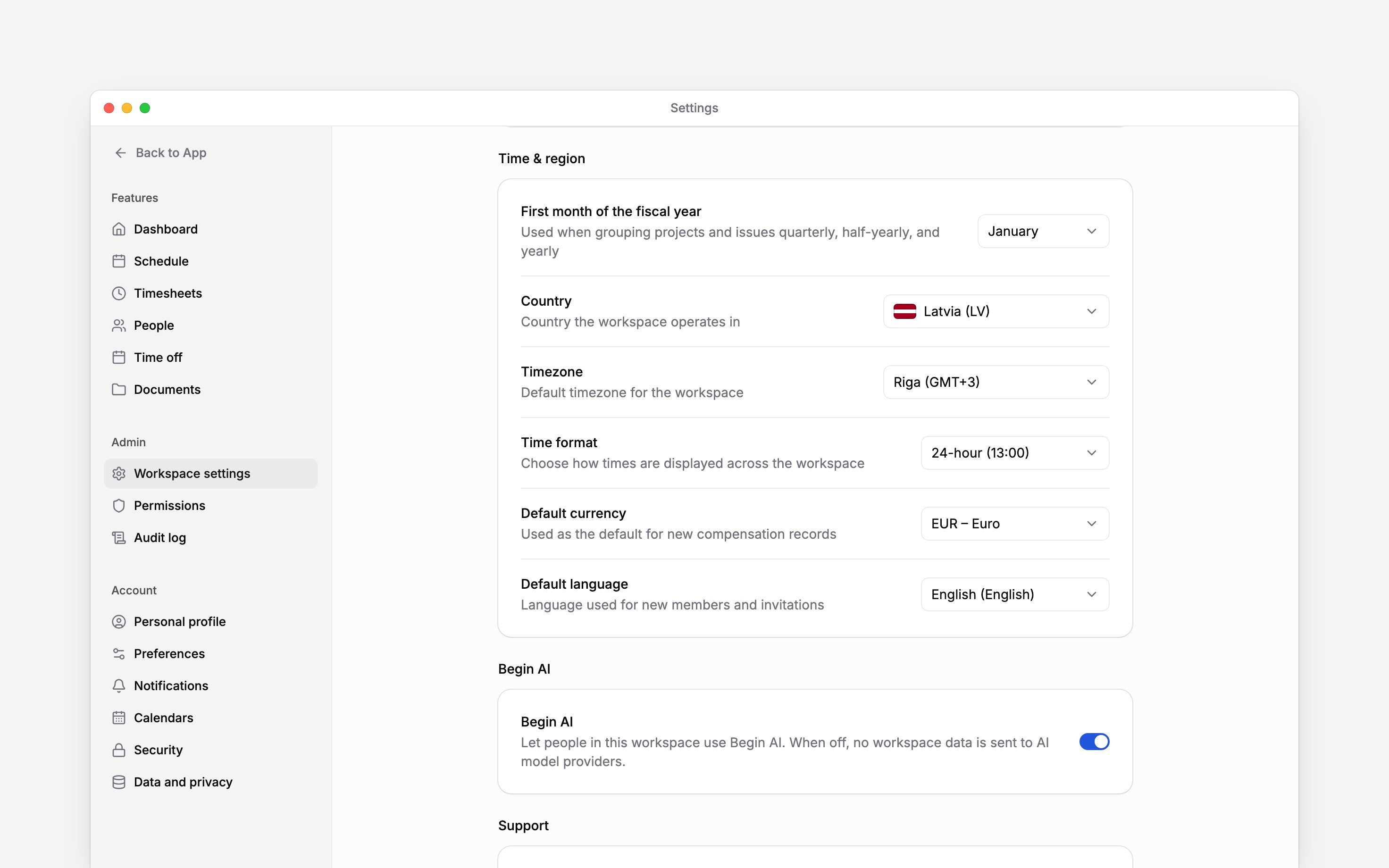 The real Time and region group with country, timezone, time format, currency, and language rows