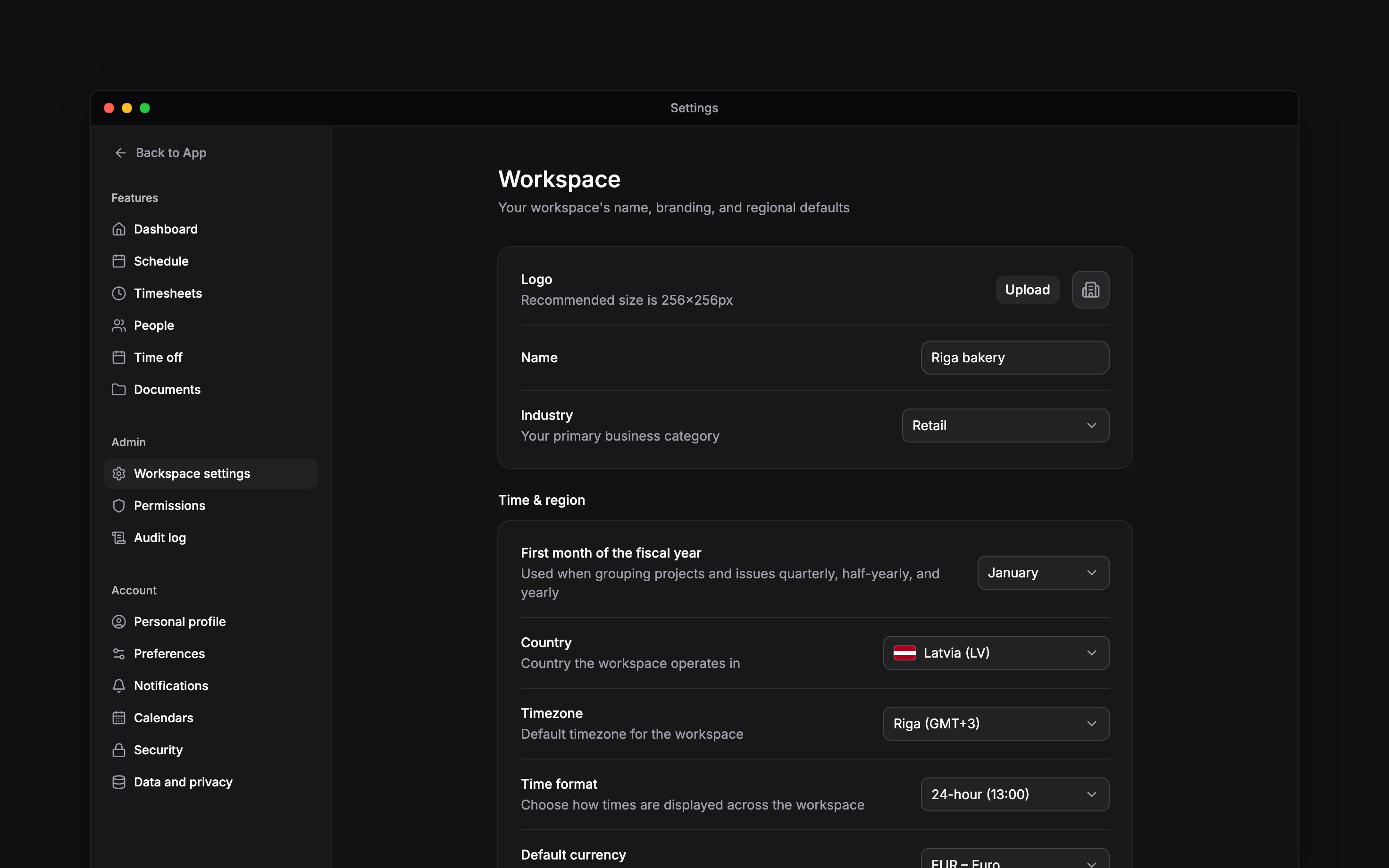 The real Workspace settings page showing logo, name, and industry controls