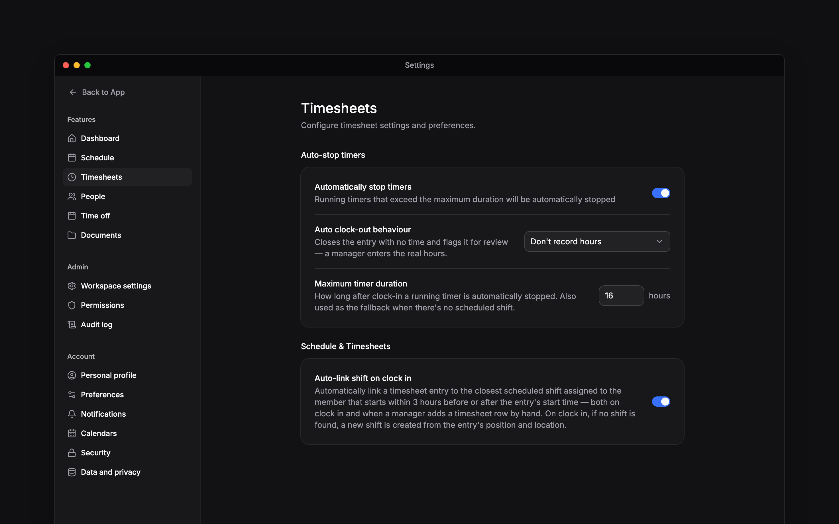 Settings, Timesheets: automatically stop timers switched on, auto clock-out behaviour set to do not record hours, a sixteen-hour maximum, and the auto-link shift switch
