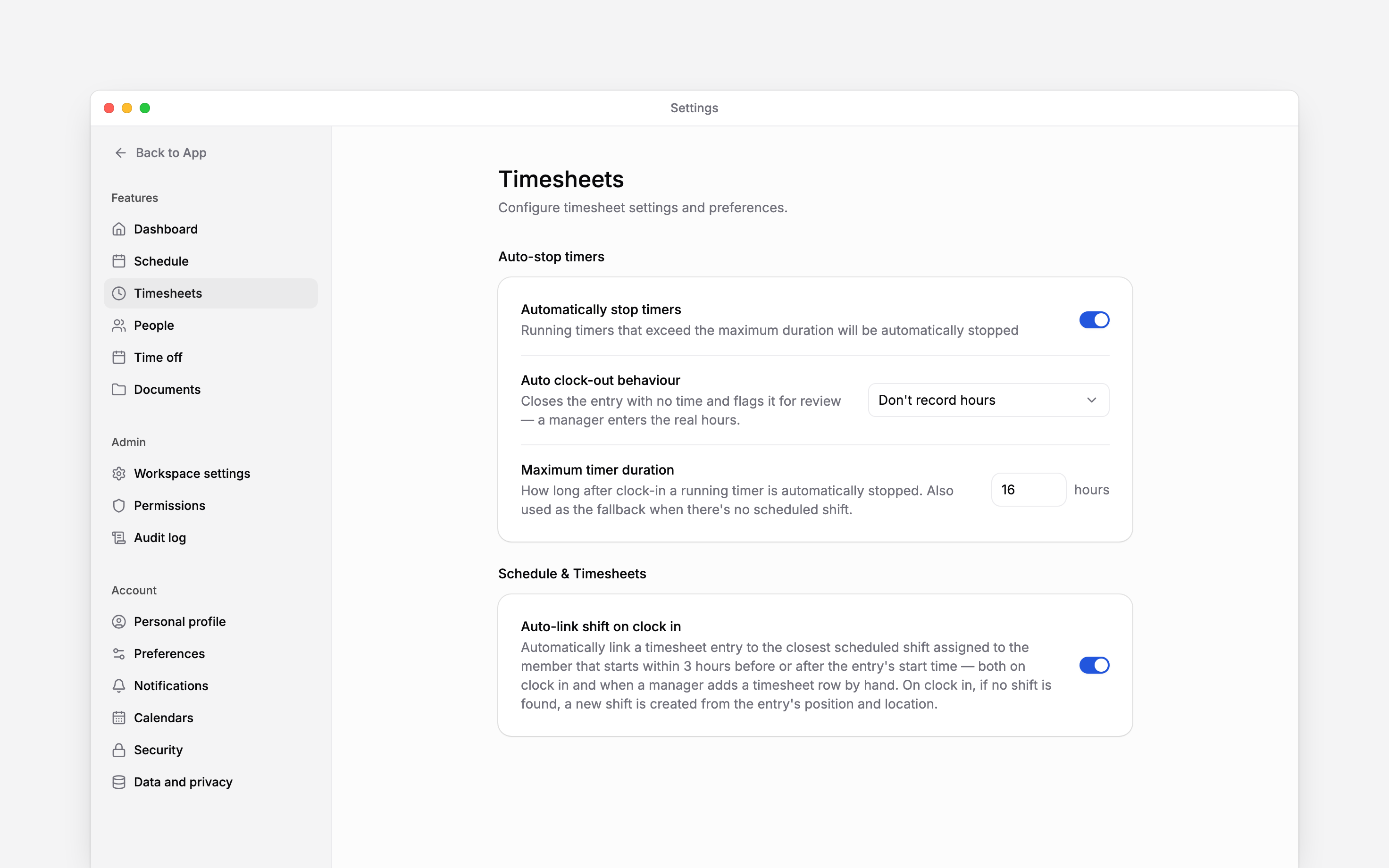 Settings, Timesheets: automatically stop timers switched on, auto clock-out behaviour set to do not record hours, a sixteen-hour maximum, and the auto-link shift switch