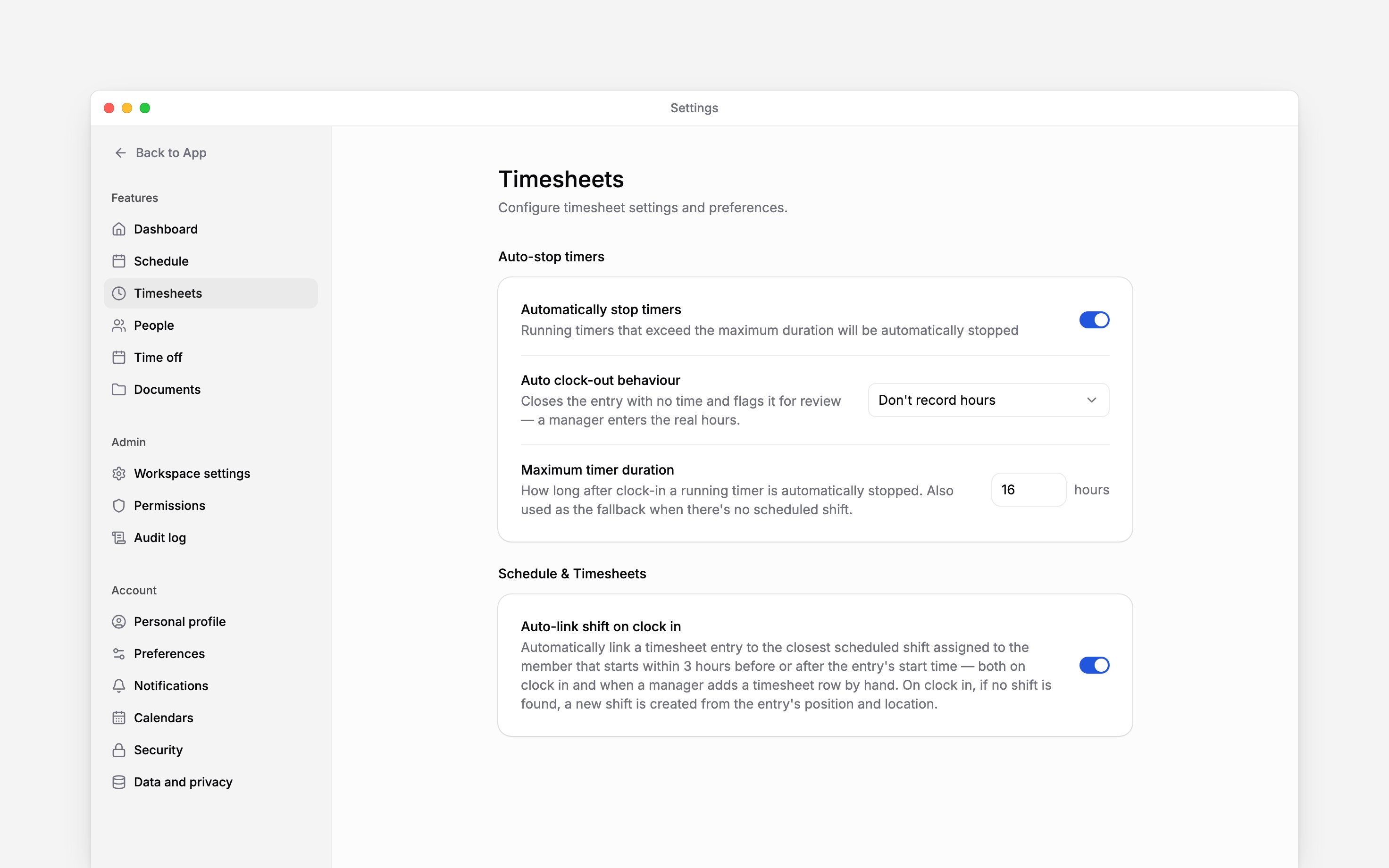 Settings, Timesheets: automatically stop timers switched on, auto clock-out behaviour set to do not record hours, a sixteen-hour maximum, and the auto-link shift switch