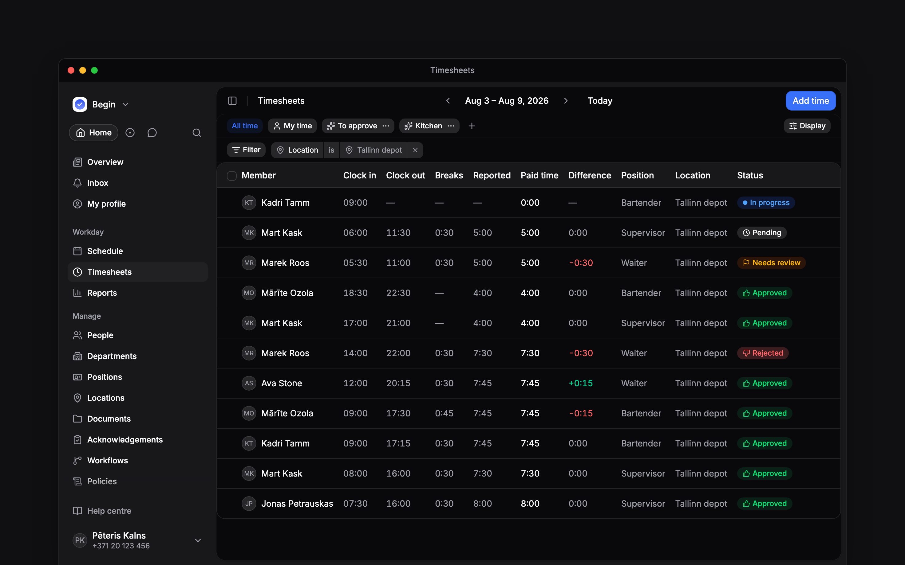 A week of time entries: clock in, clock out, breaks, reported and paid hours, with In progress, Needs review, Pending, Approved and Rejected rows