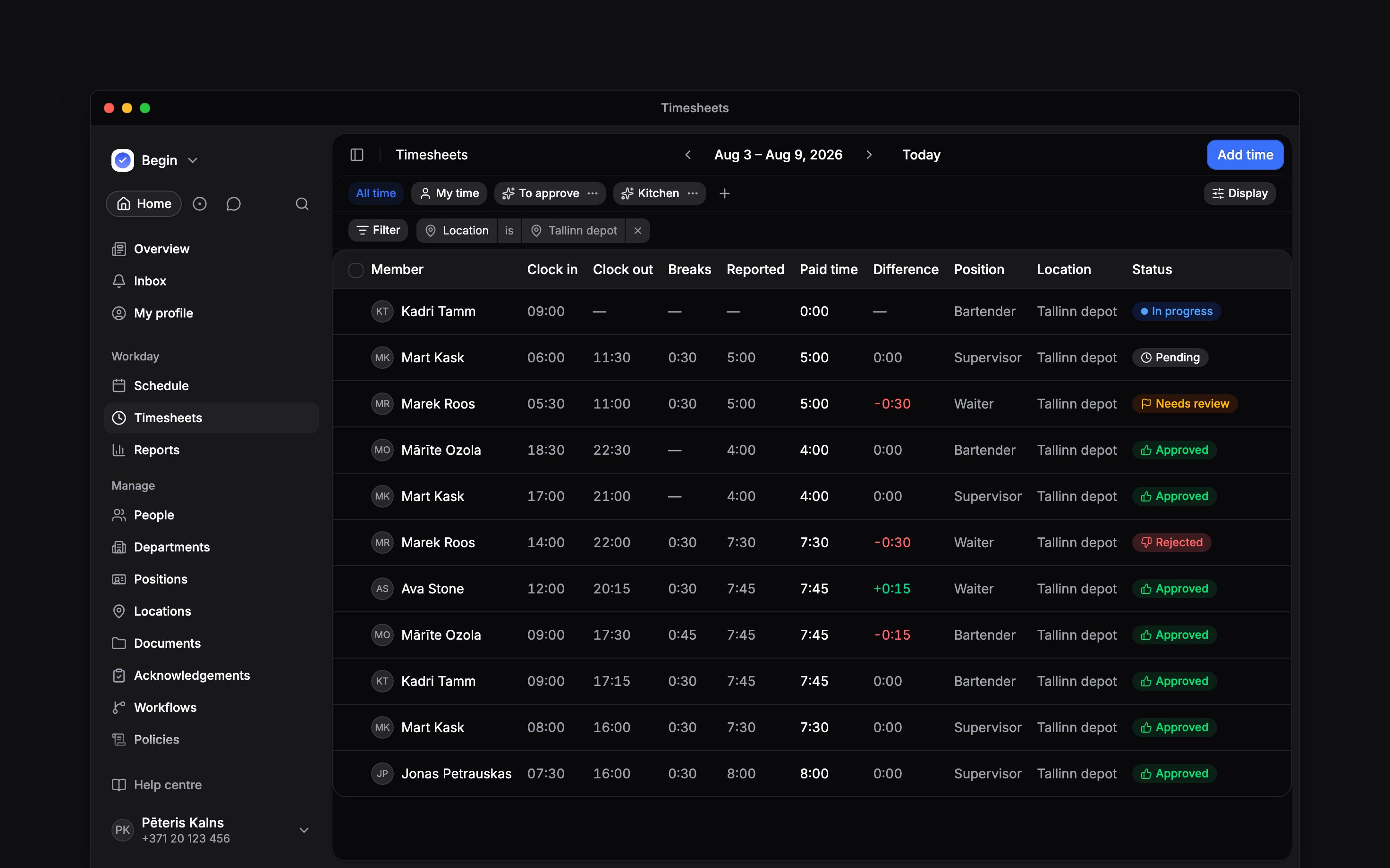 A week of time entries: clock in, clock out, breaks, reported and paid hours, with In progress, Needs review, Pending, Approved and Rejected rows