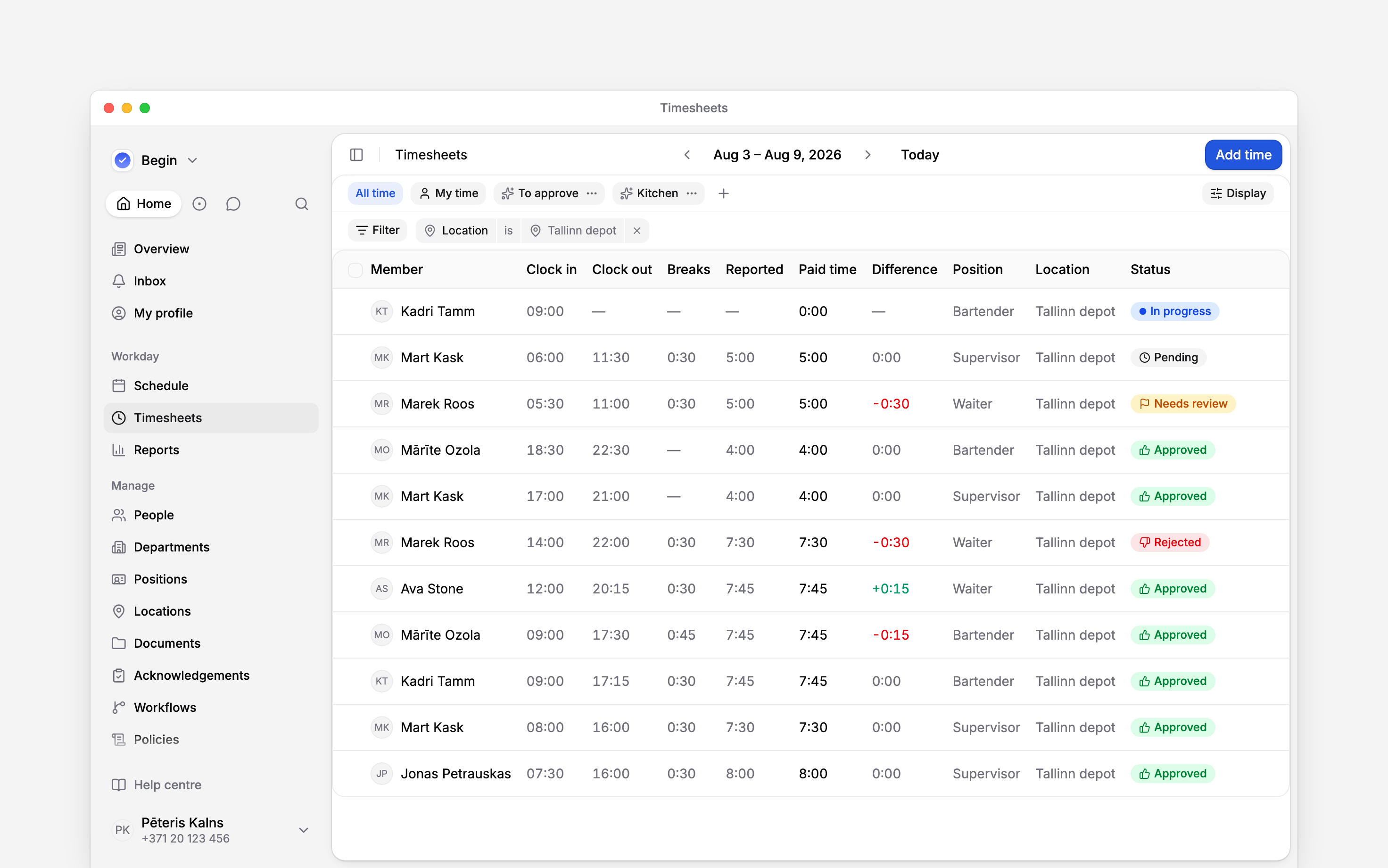 A week of time entries: clock in, clock out, breaks, reported and paid hours, with In progress, Needs review, Pending, Approved and Rejected rows