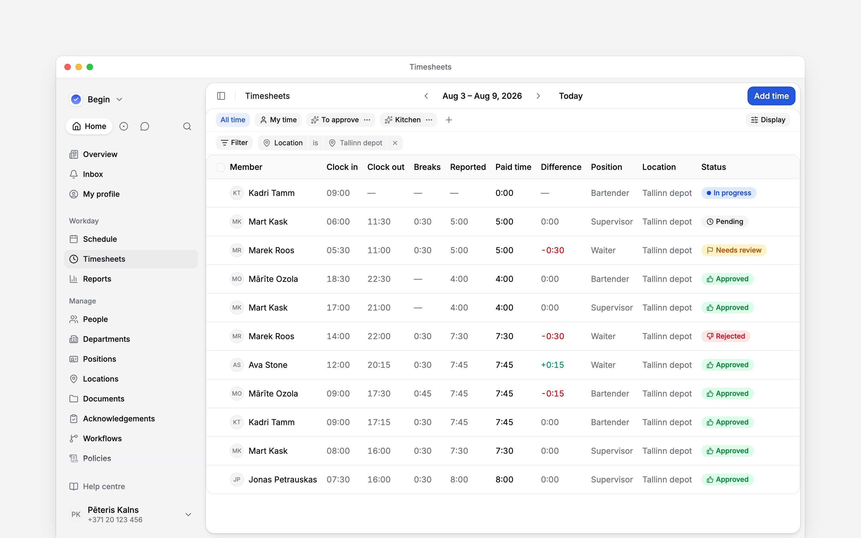 A week of time entries: clock in, clock out, breaks, reported and paid hours, with In progress, Needs review, Pending, Approved and Rejected rows