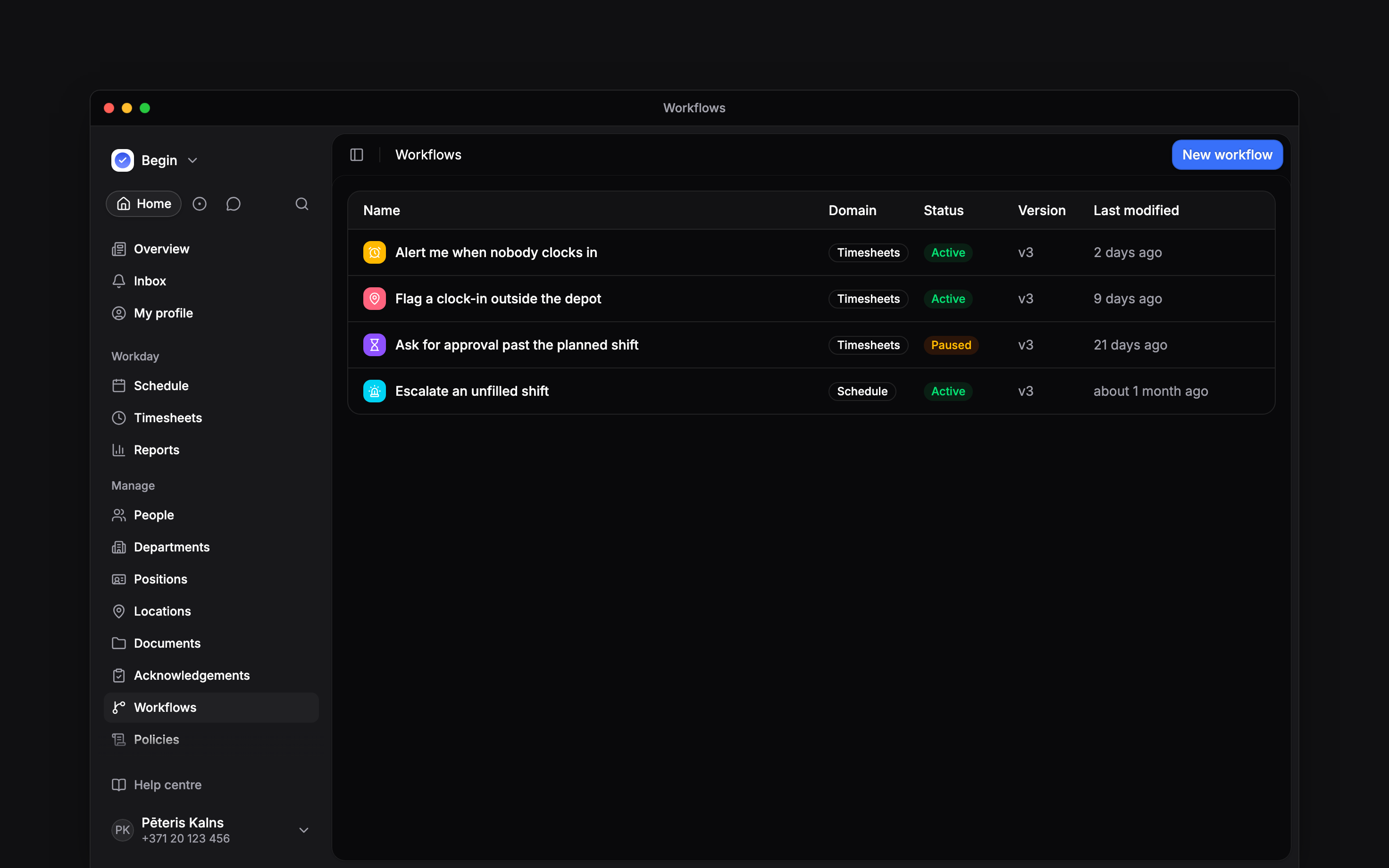 The workflows list: three timesheet workflows and one schedule one, each with its domain, its active or paused status and when it was last modified
