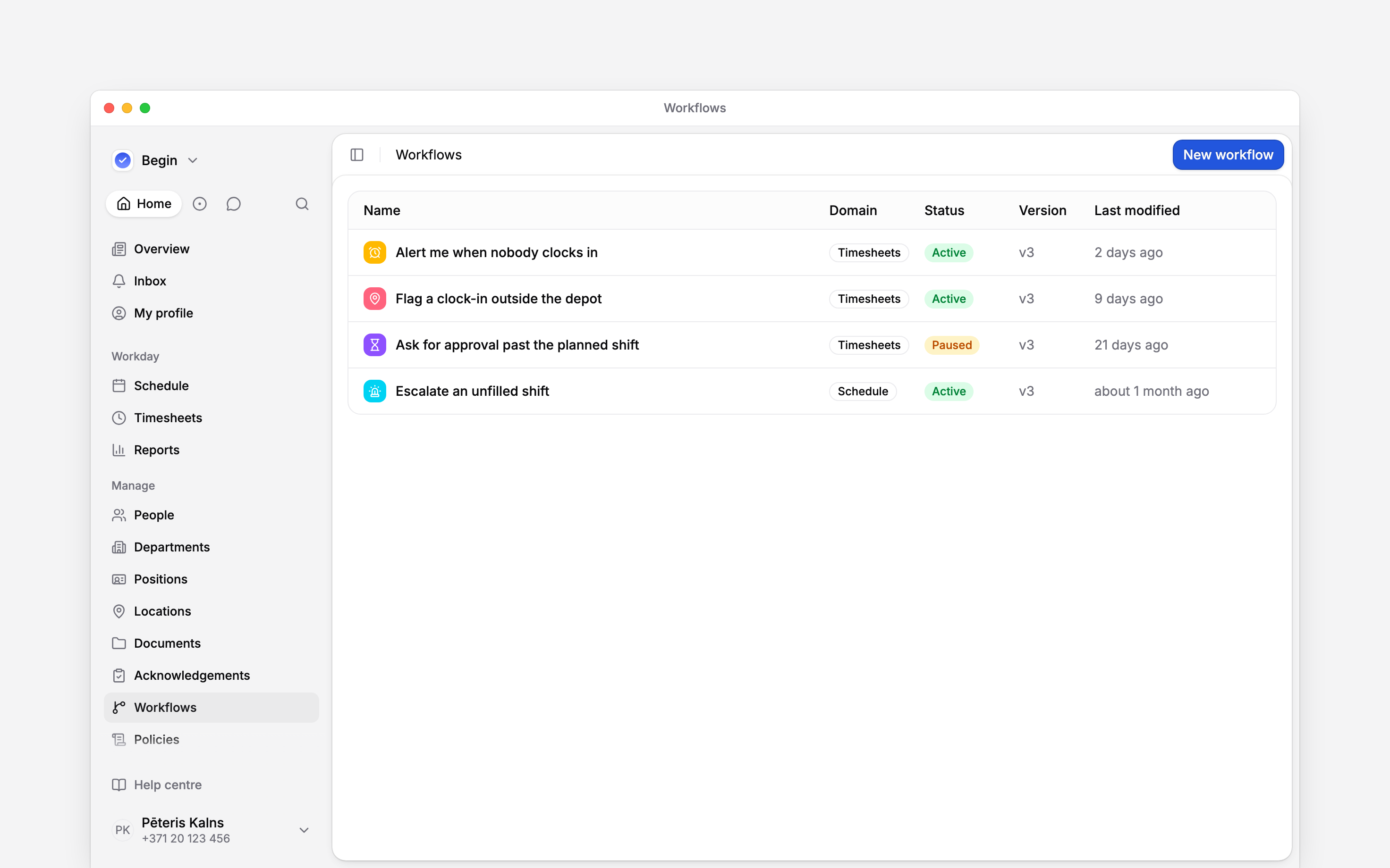 The workflows list: three timesheet workflows and one schedule one, each with its domain, its active or paused status and when it was last modified