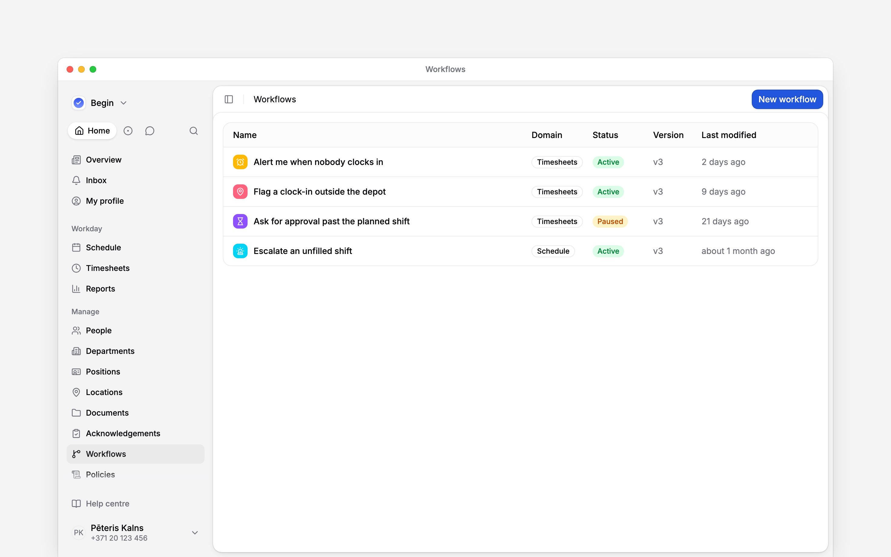 The workflows list: three timesheet workflows and one schedule one, each with its domain, its active or paused status and when it was last modified