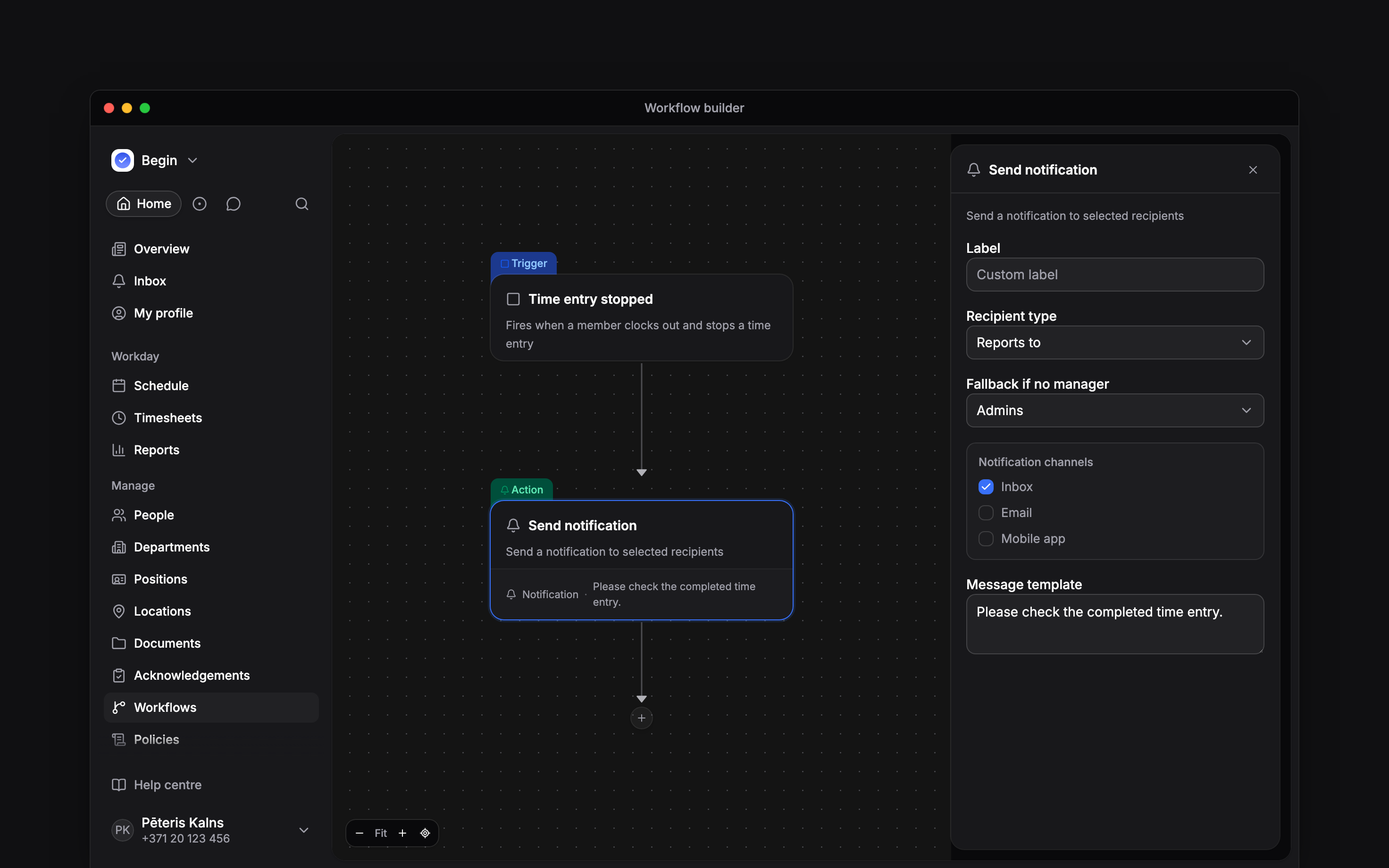 A connected time-entry trigger and Send notification action, with recipient, channel and message settings
