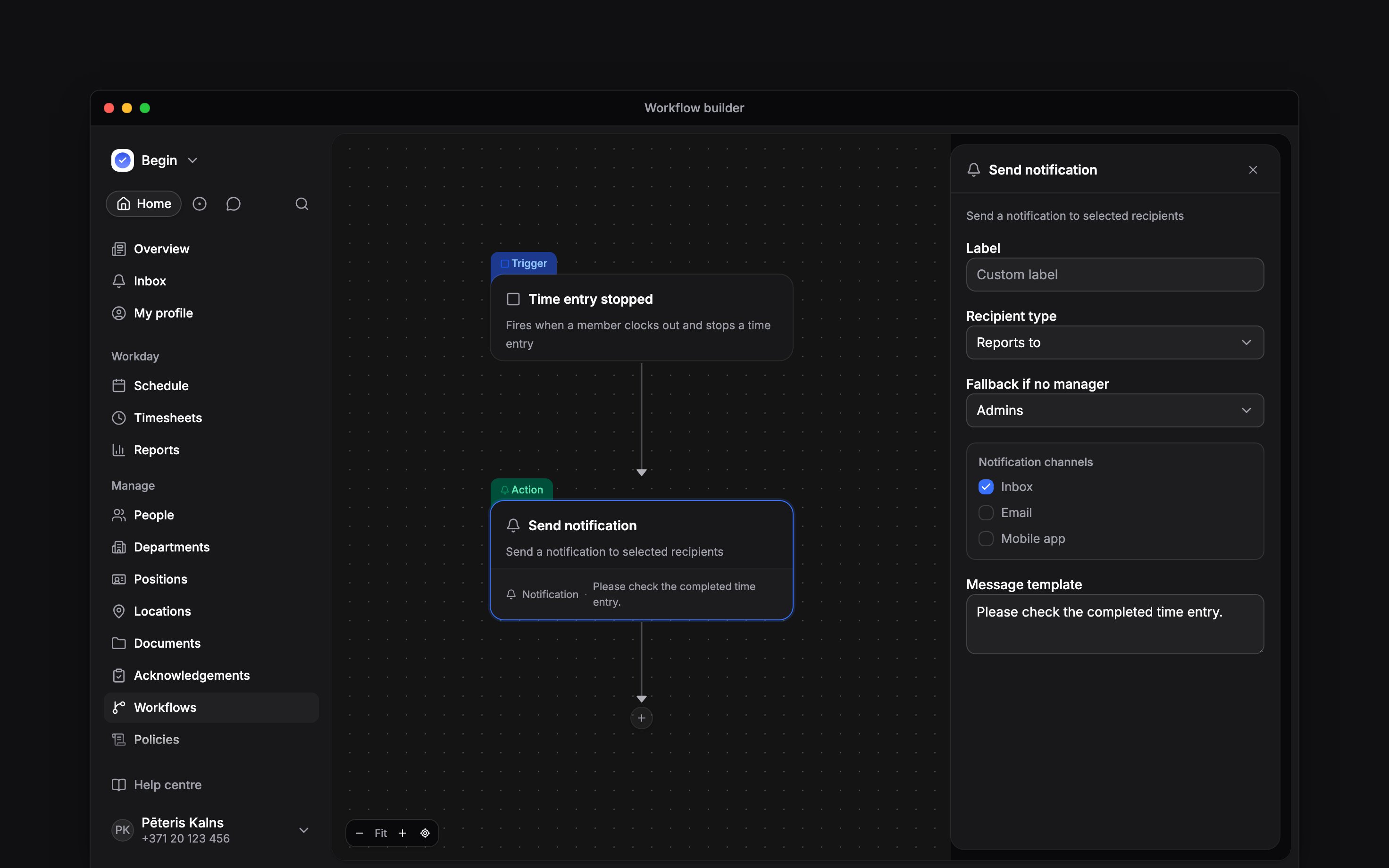 A connected time-entry trigger and Send notification action, with recipient, channel and message settings