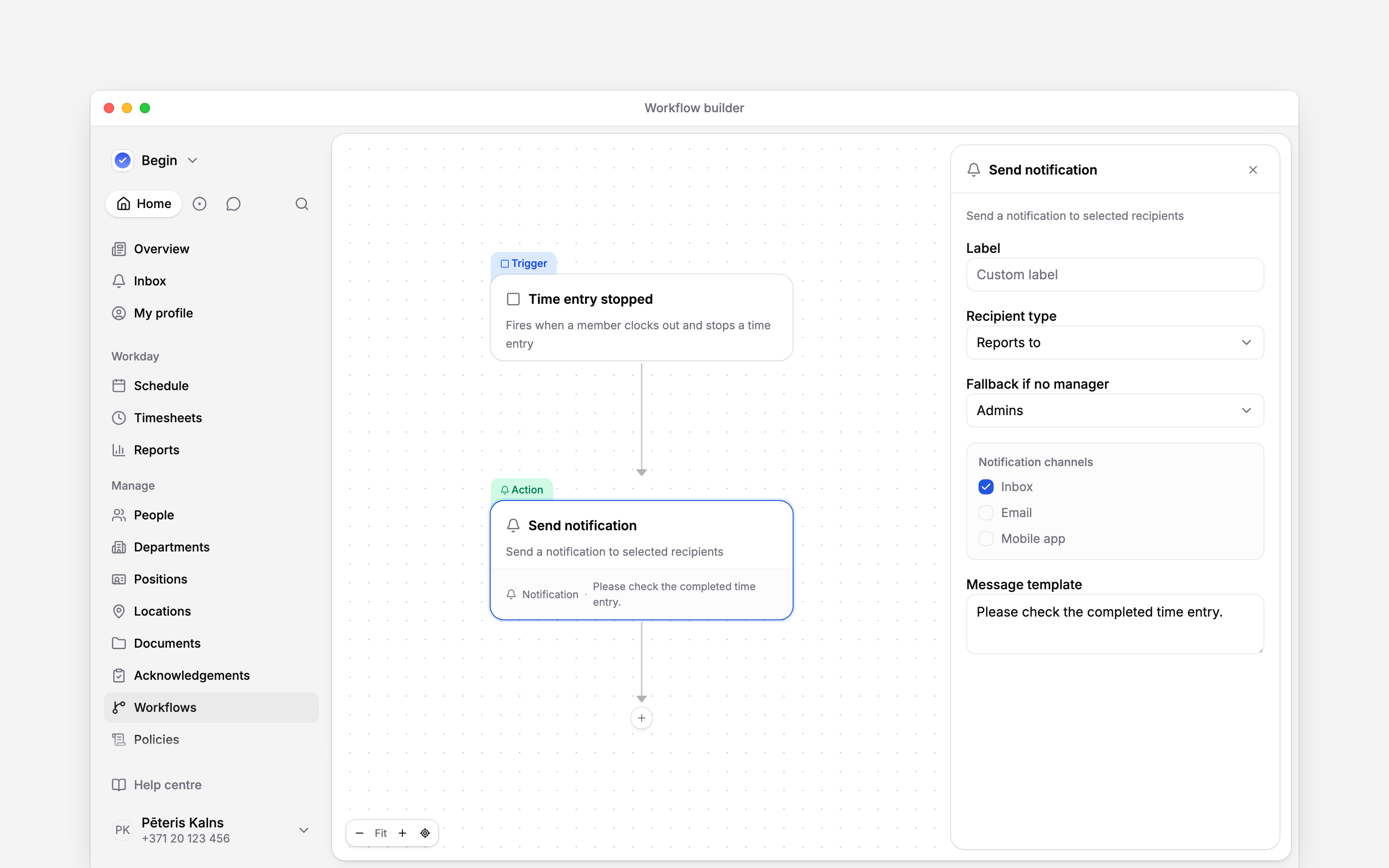 A connected time-entry trigger and Send notification action, with recipient, channel and message settings