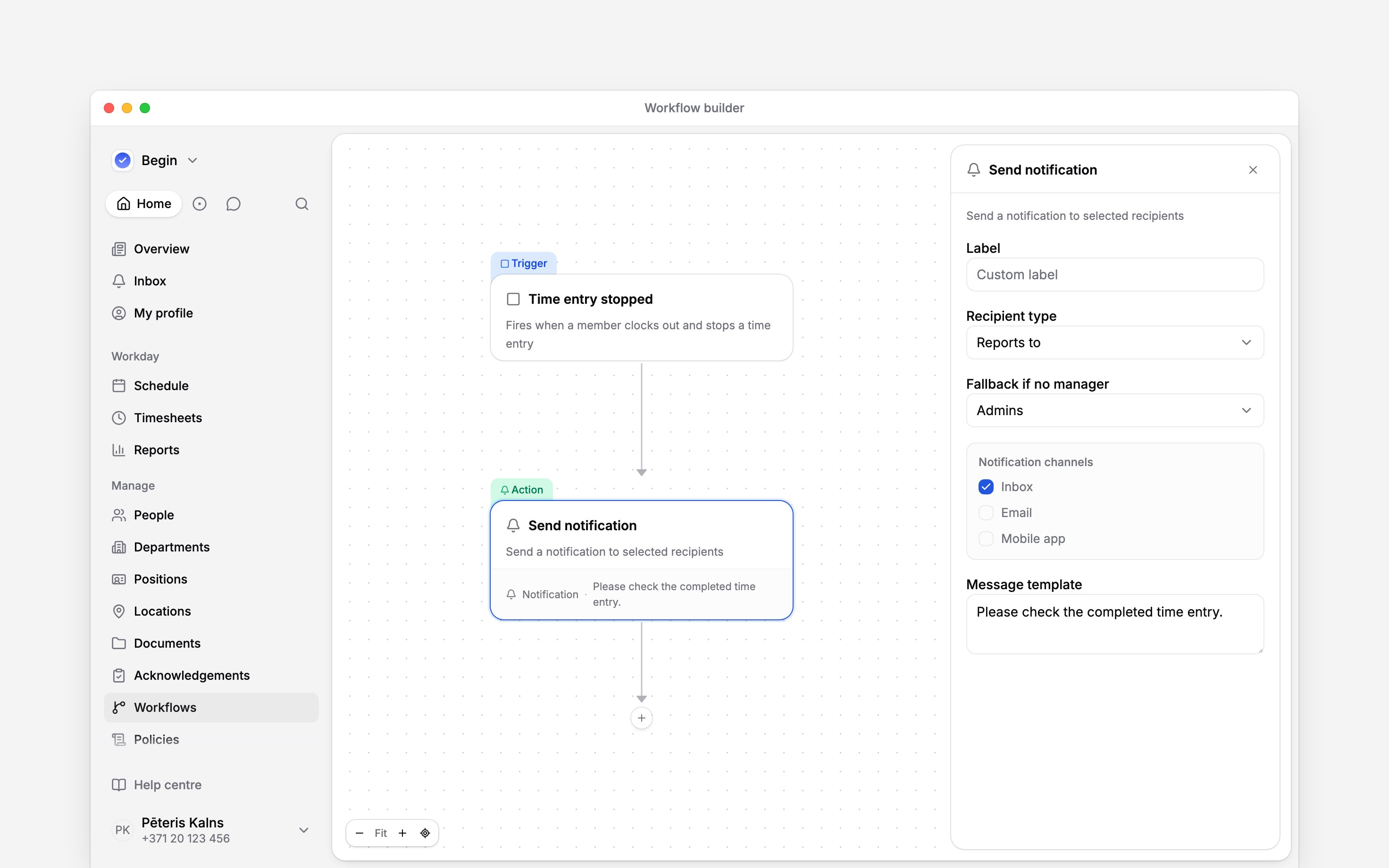 A connected time-entry trigger and Send notification action, with recipient, channel and message settings