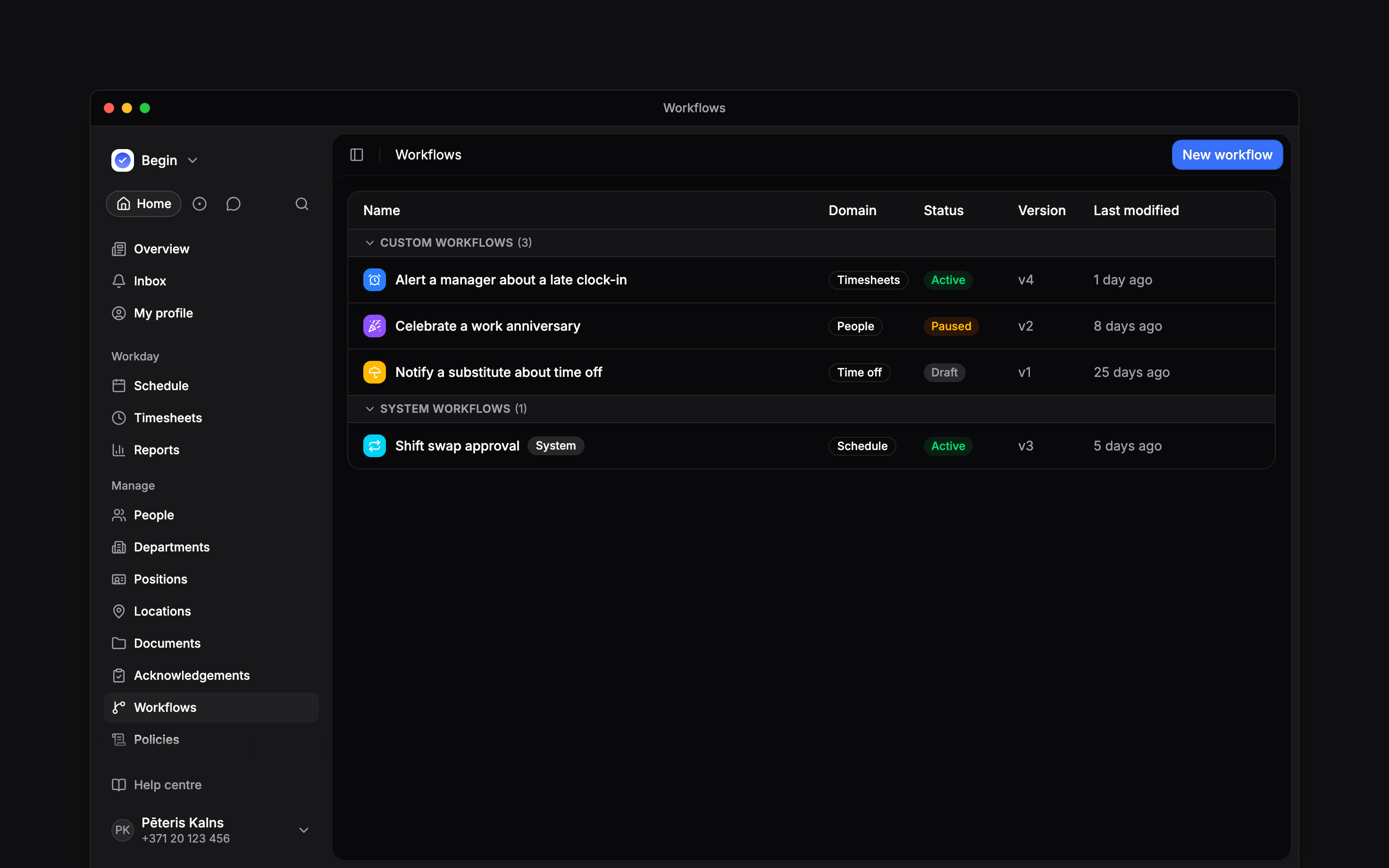 The Workflows page with custom and system workflows grouped by name, domain, status and version