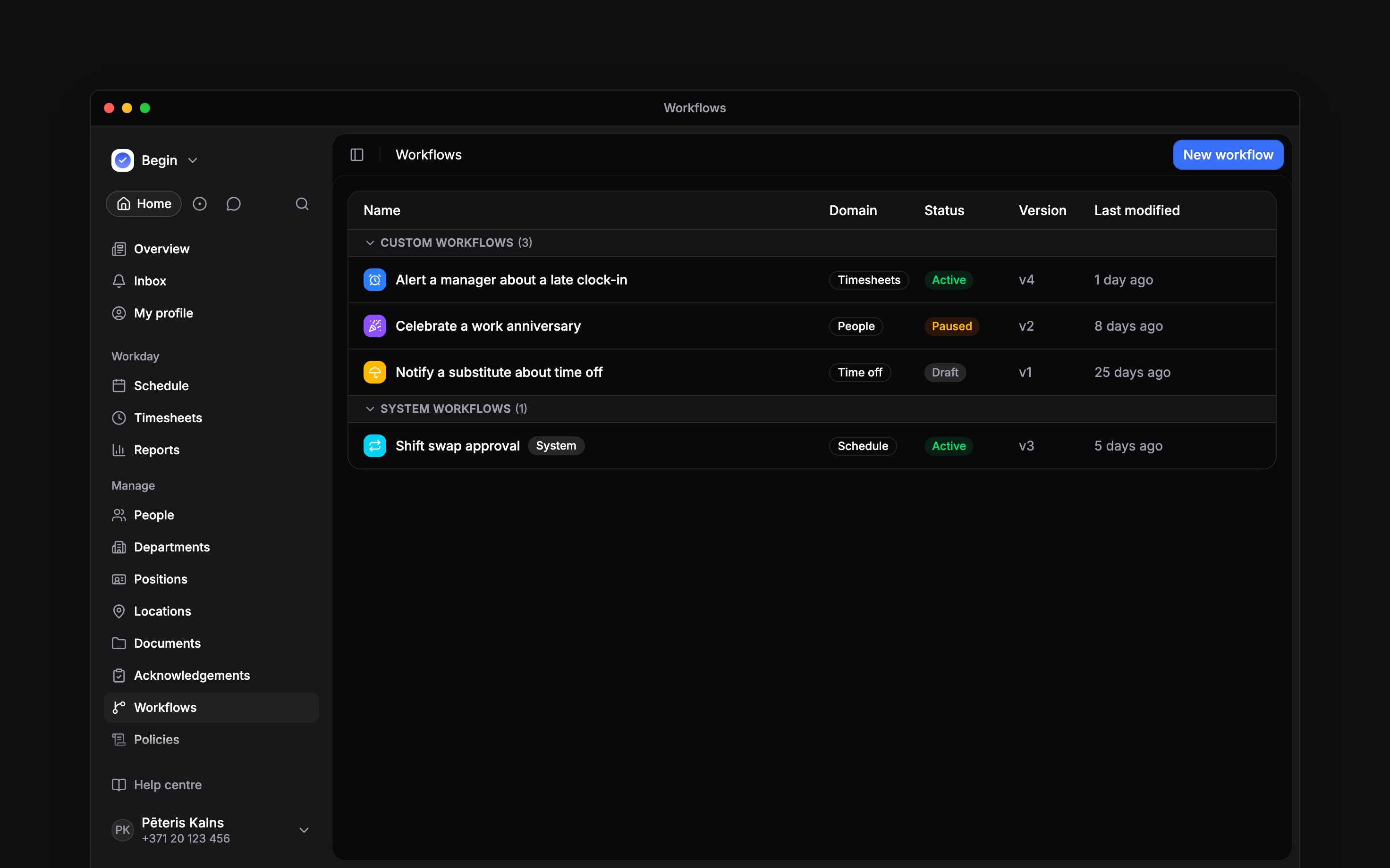 The Workflows page with custom and system workflows grouped by name, domain, status and version