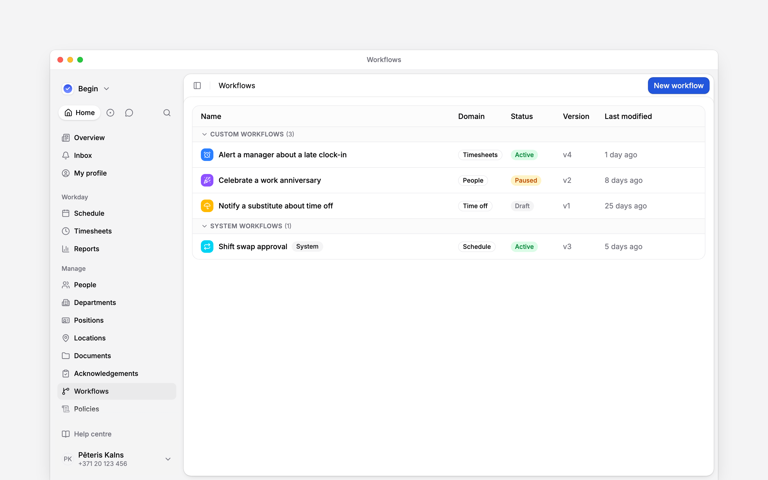 The Workflows page with custom and system workflows grouped by name, domain, status and version