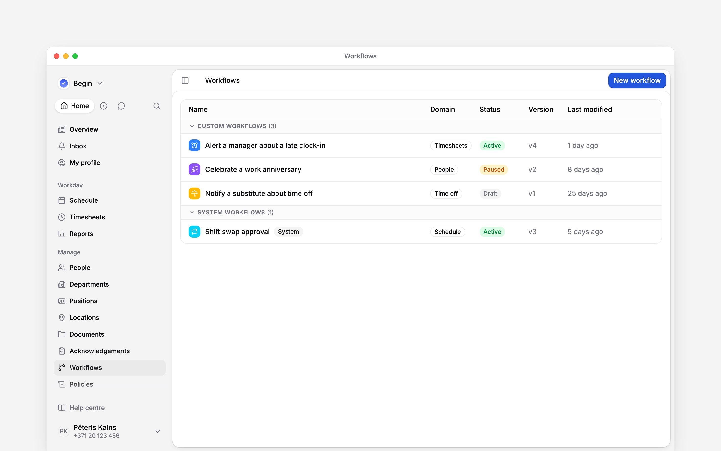 The Workflows page with custom and system workflows grouped by name, domain, status and version