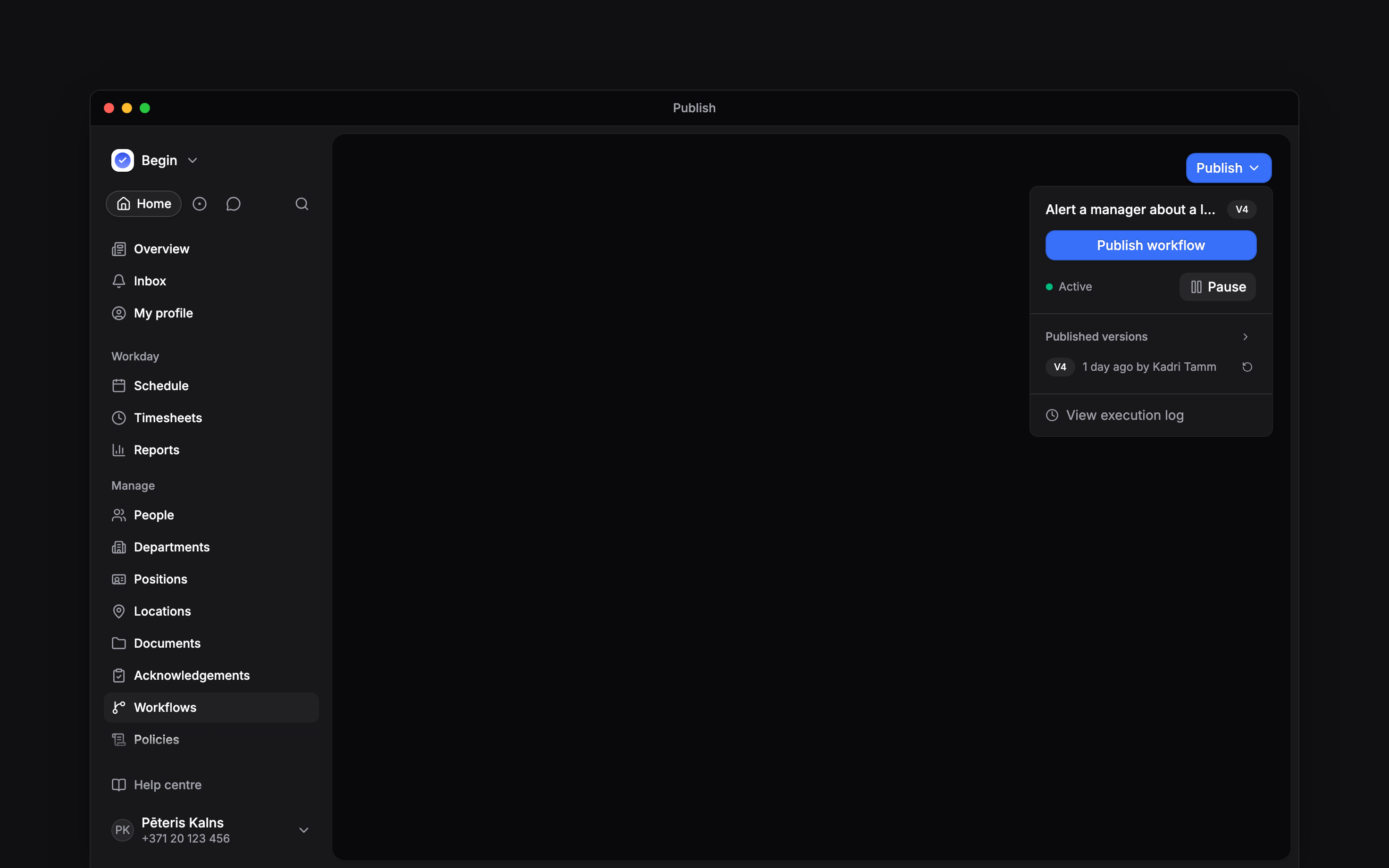 The Publish menu showing the active status, Pause control and published workflow versions