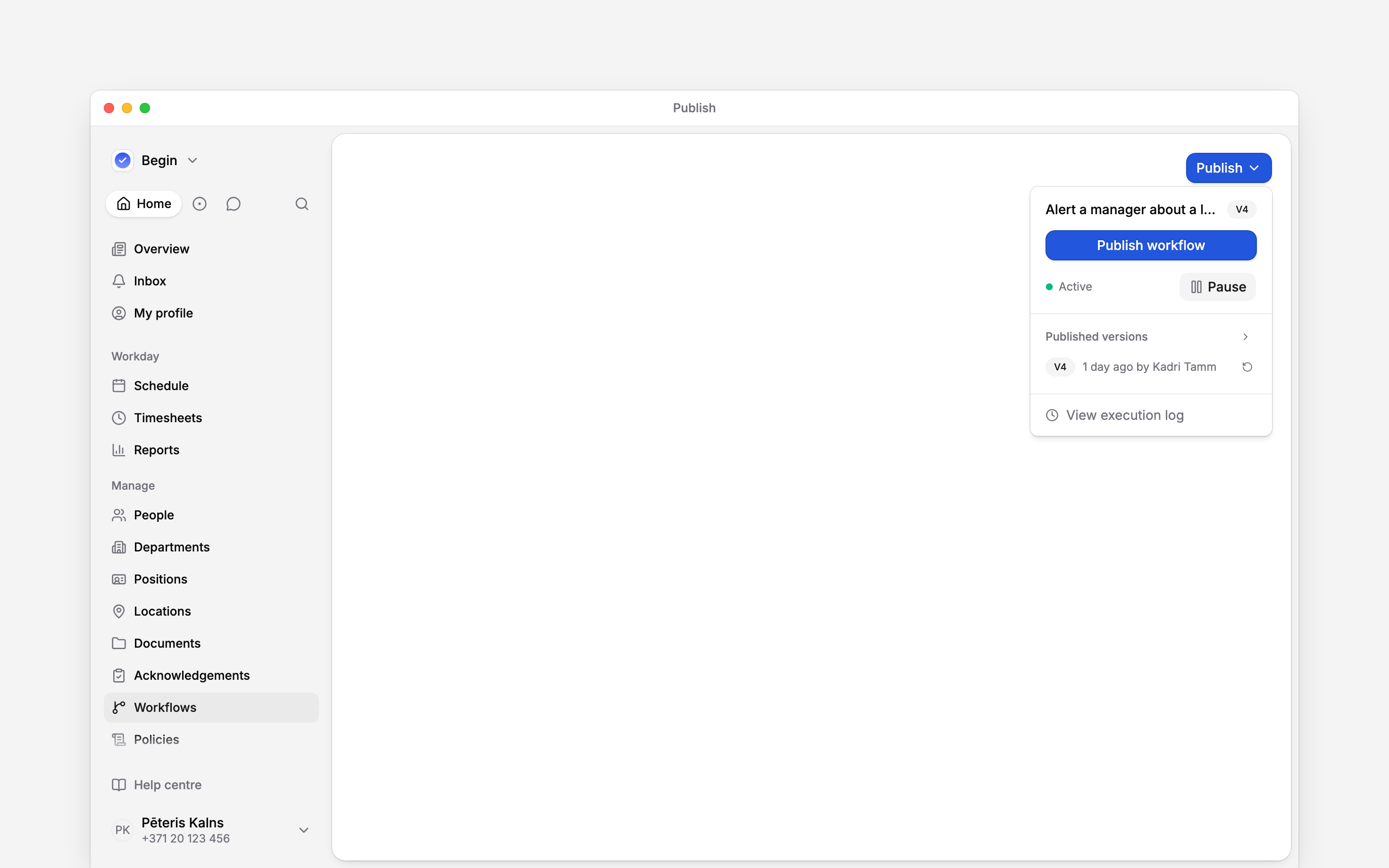 The Publish menu showing the active status, Pause control and published workflow versions