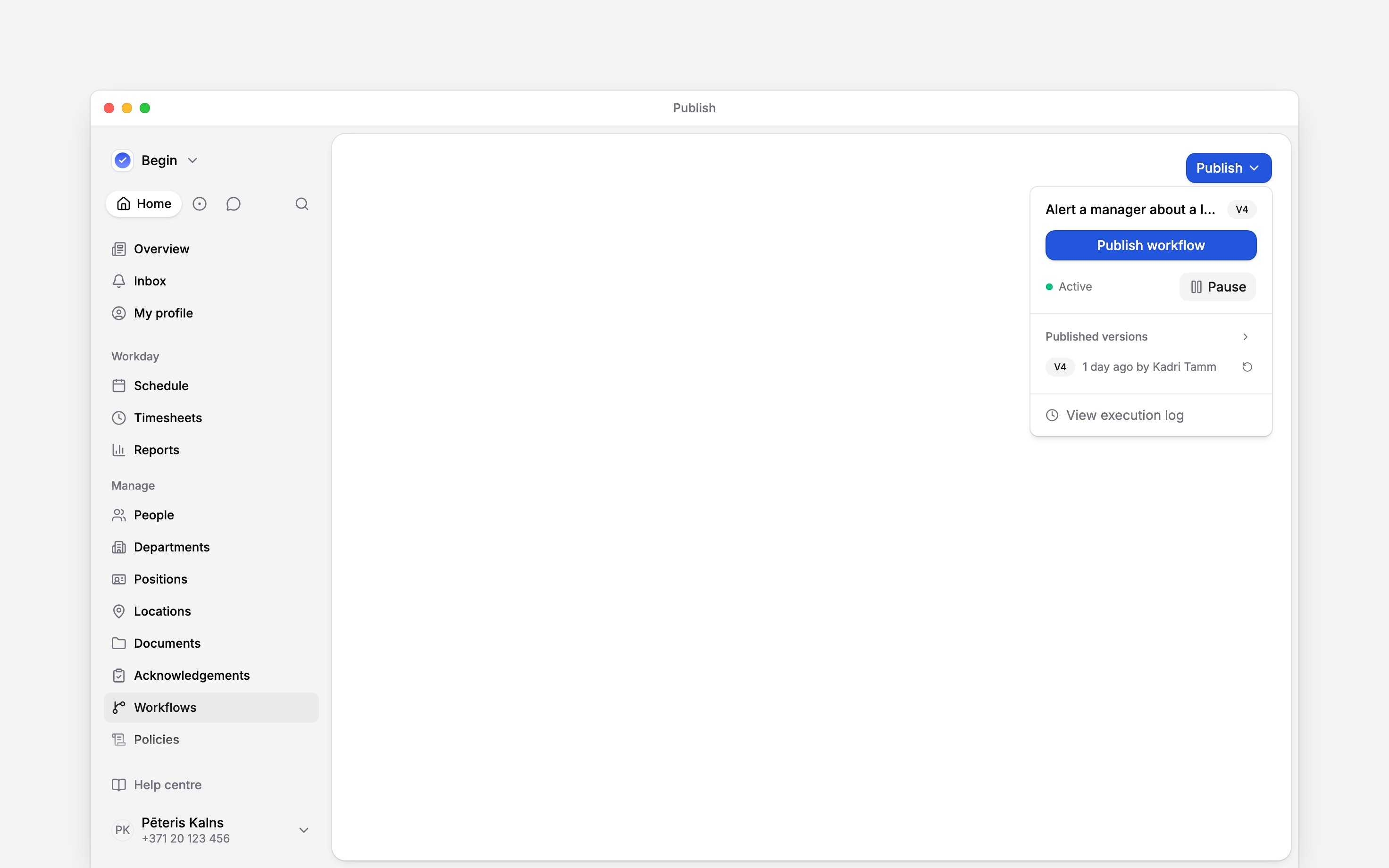 The Publish menu showing the active status, Pause control and published workflow versions