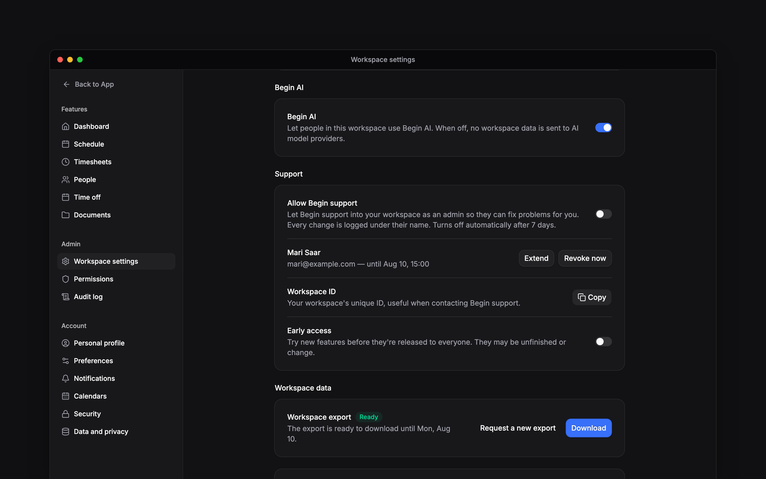 The Begin AI switch and Early access switch in Workspace settings