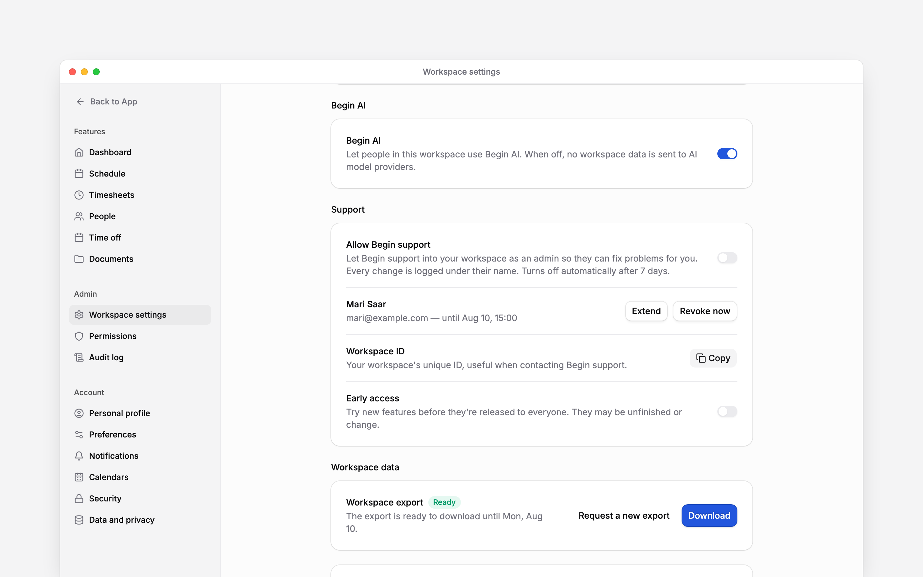The Begin AI switch and Early access switch in Workspace settings