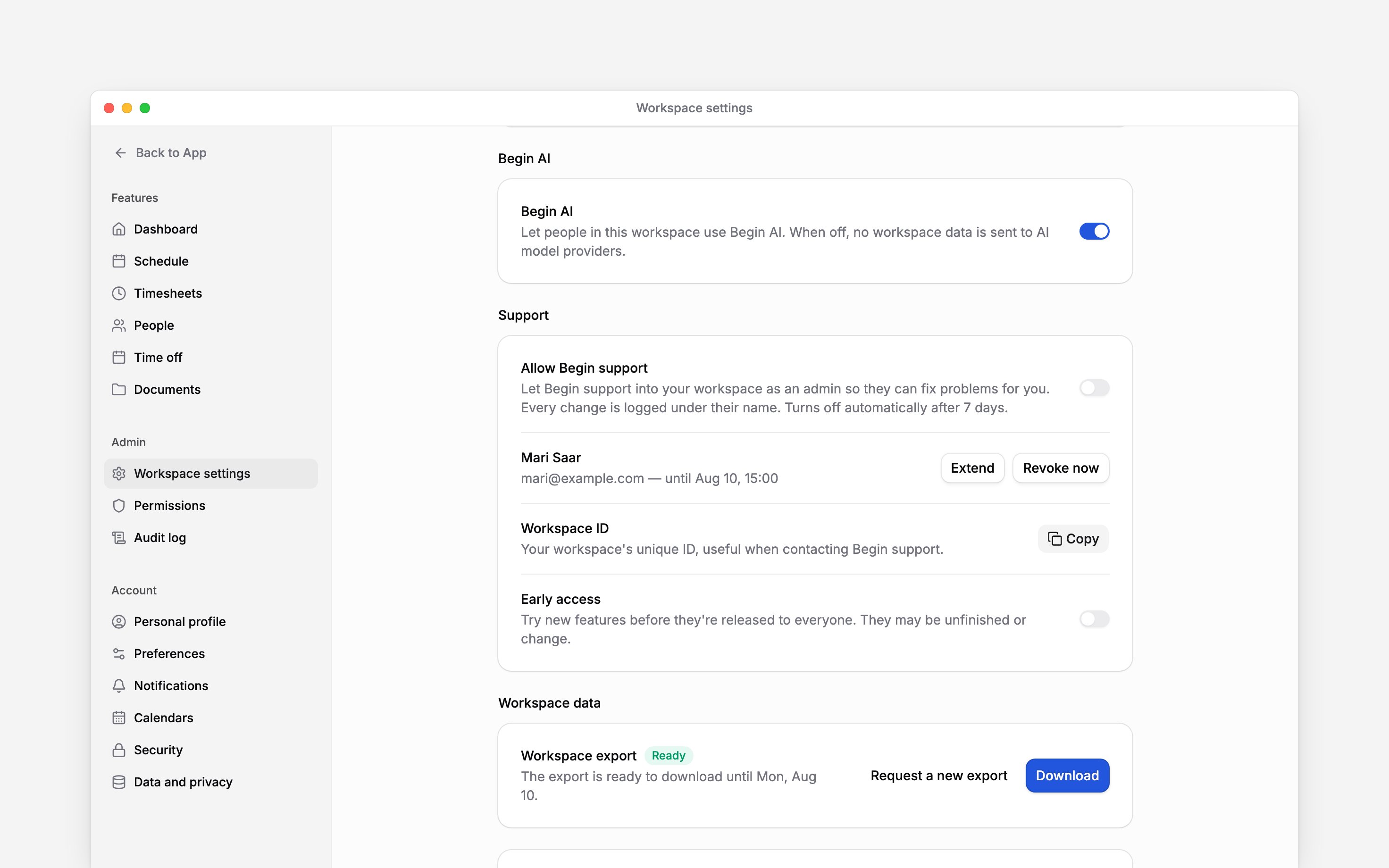 The Begin AI switch and Early access switch in Workspace settings