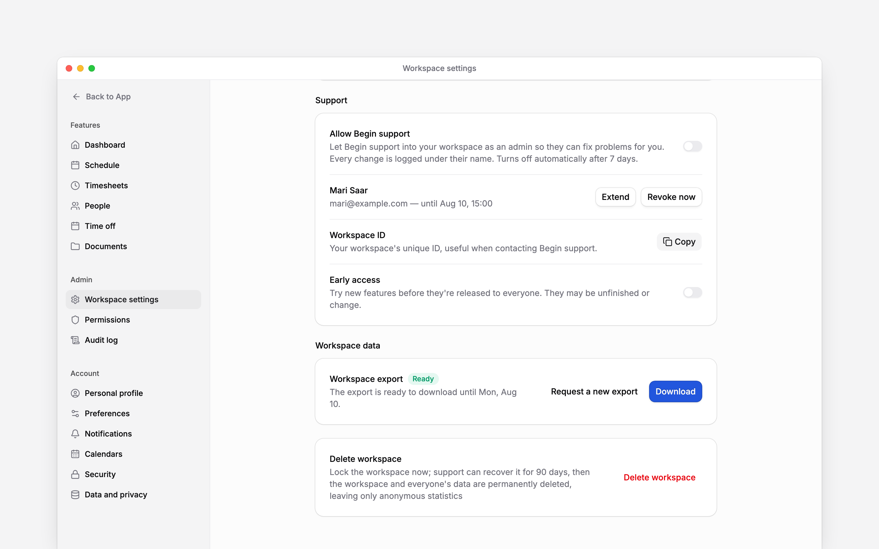 Workspace settings with the export download and Delete workspace controls