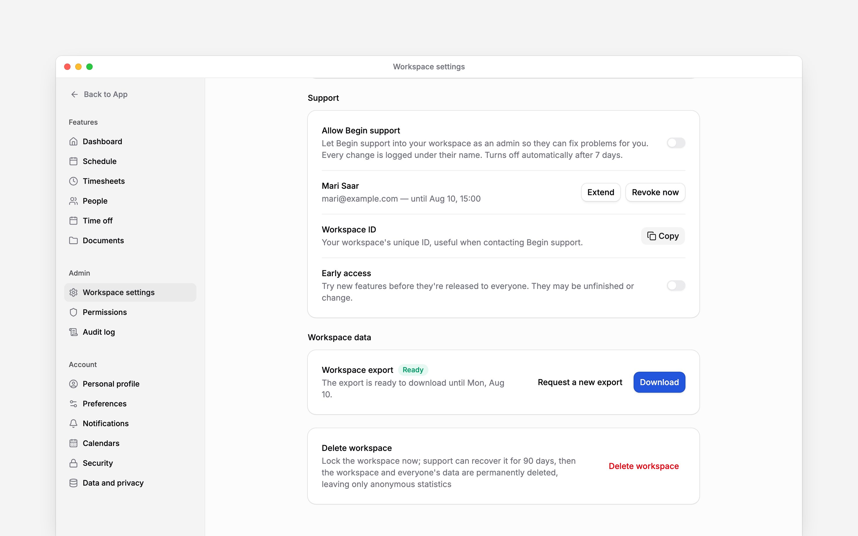 Workspace settings with the export download and Delete workspace controls