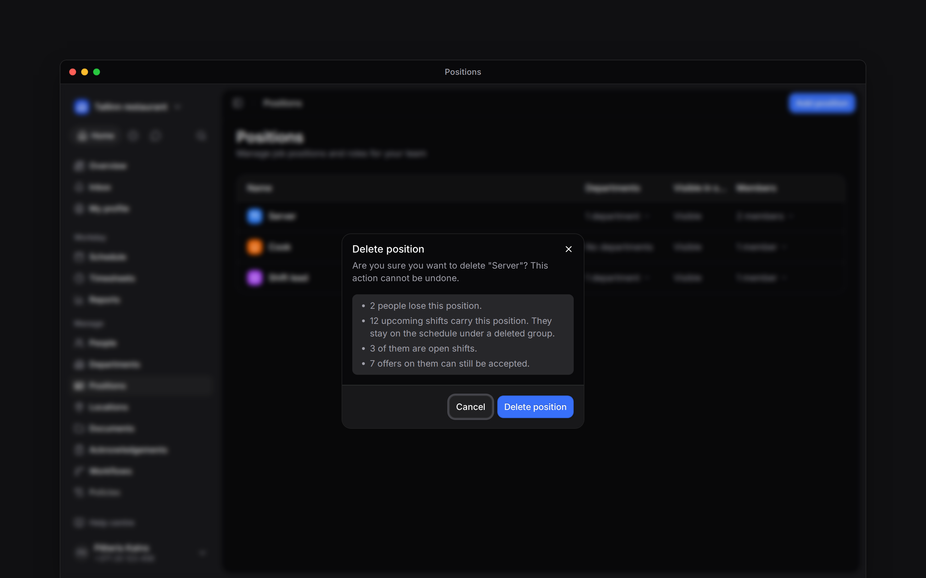 The Delete position dialog naming Server and counting the people, upcoming shifts, open shifts and offers the delete affects
