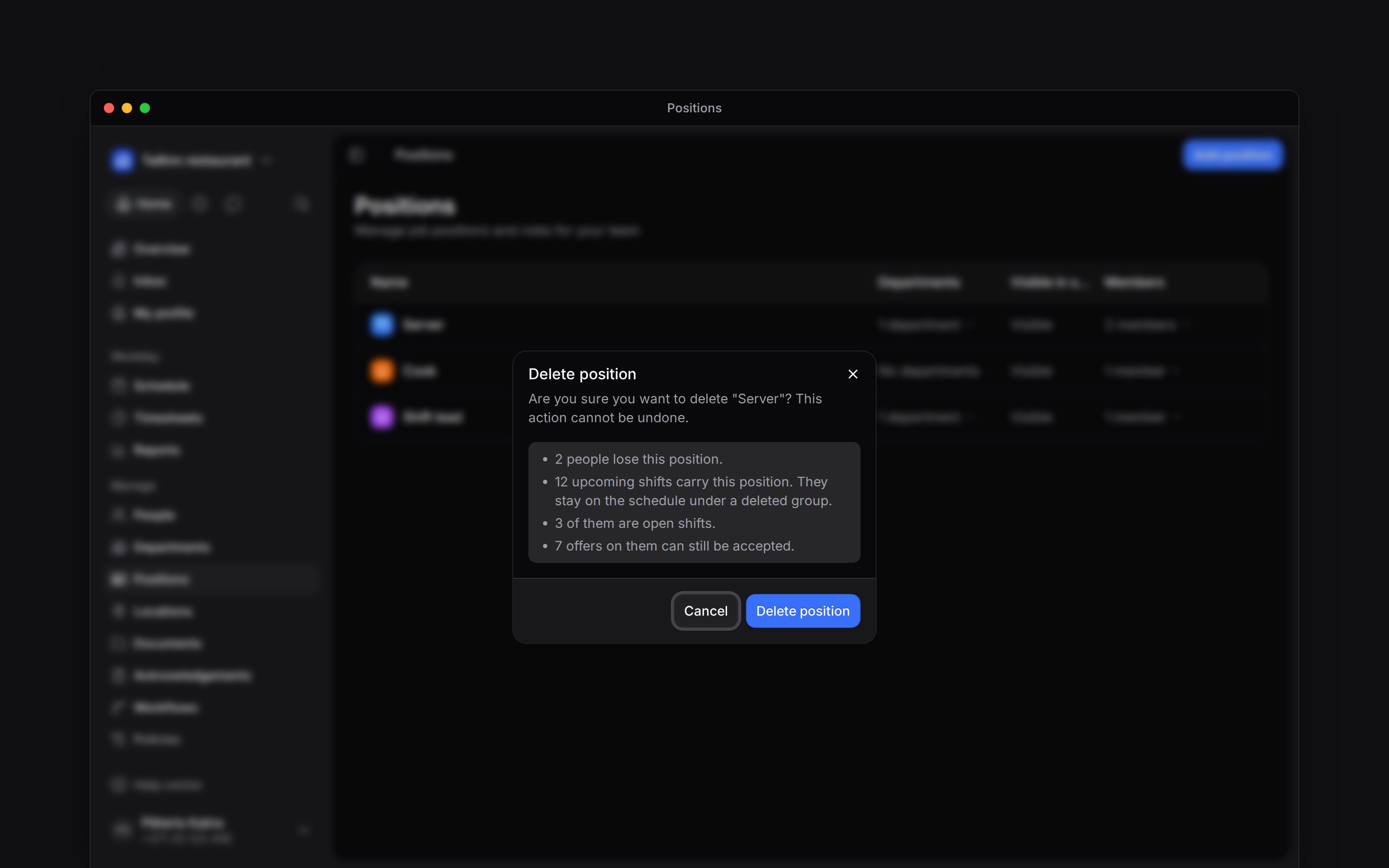 The Delete position dialog naming Server and counting the people, upcoming shifts, open shifts and offers the delete affects
