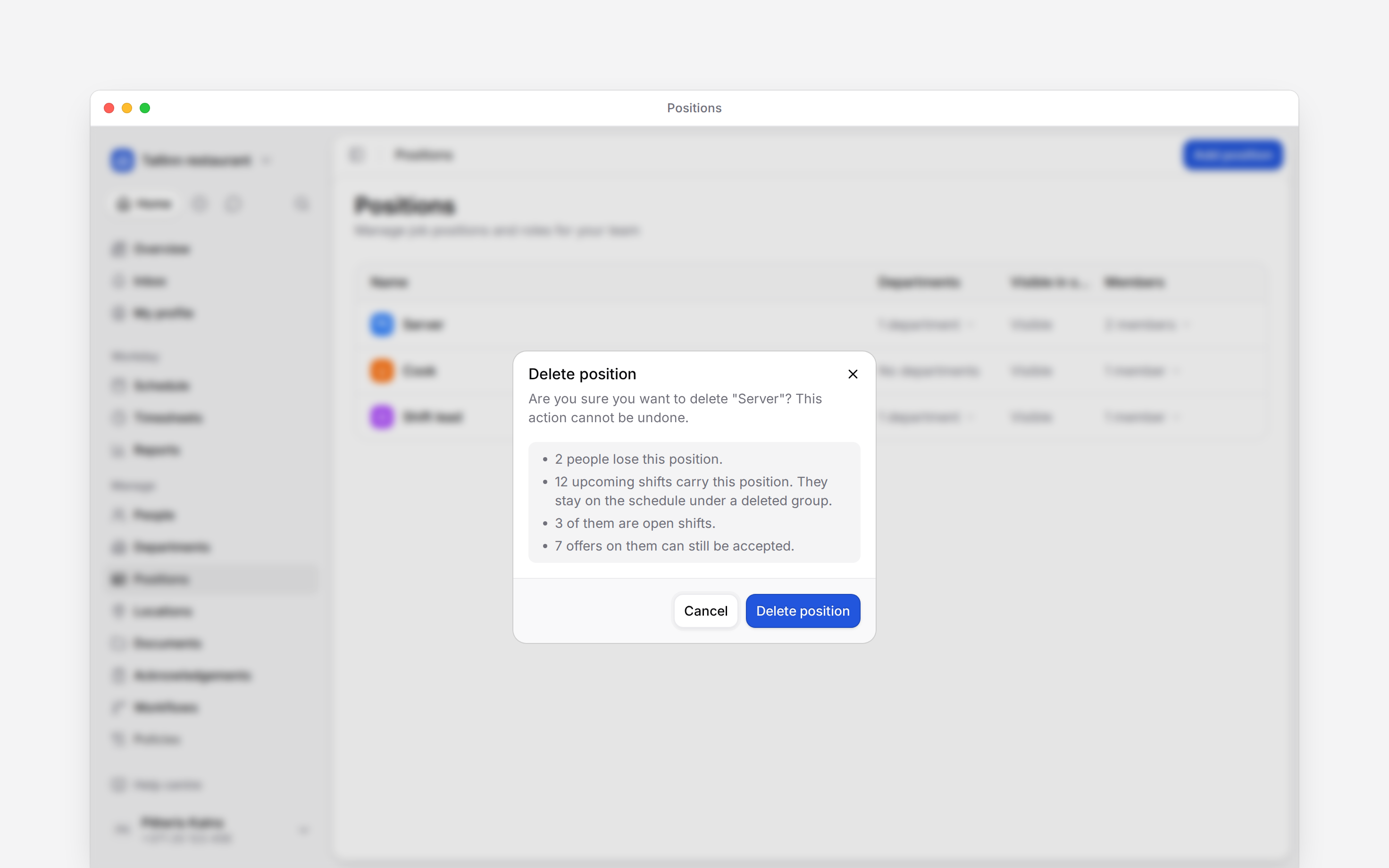 The Delete position dialog naming Server and counting the people, upcoming shifts, open shifts and offers the delete affects