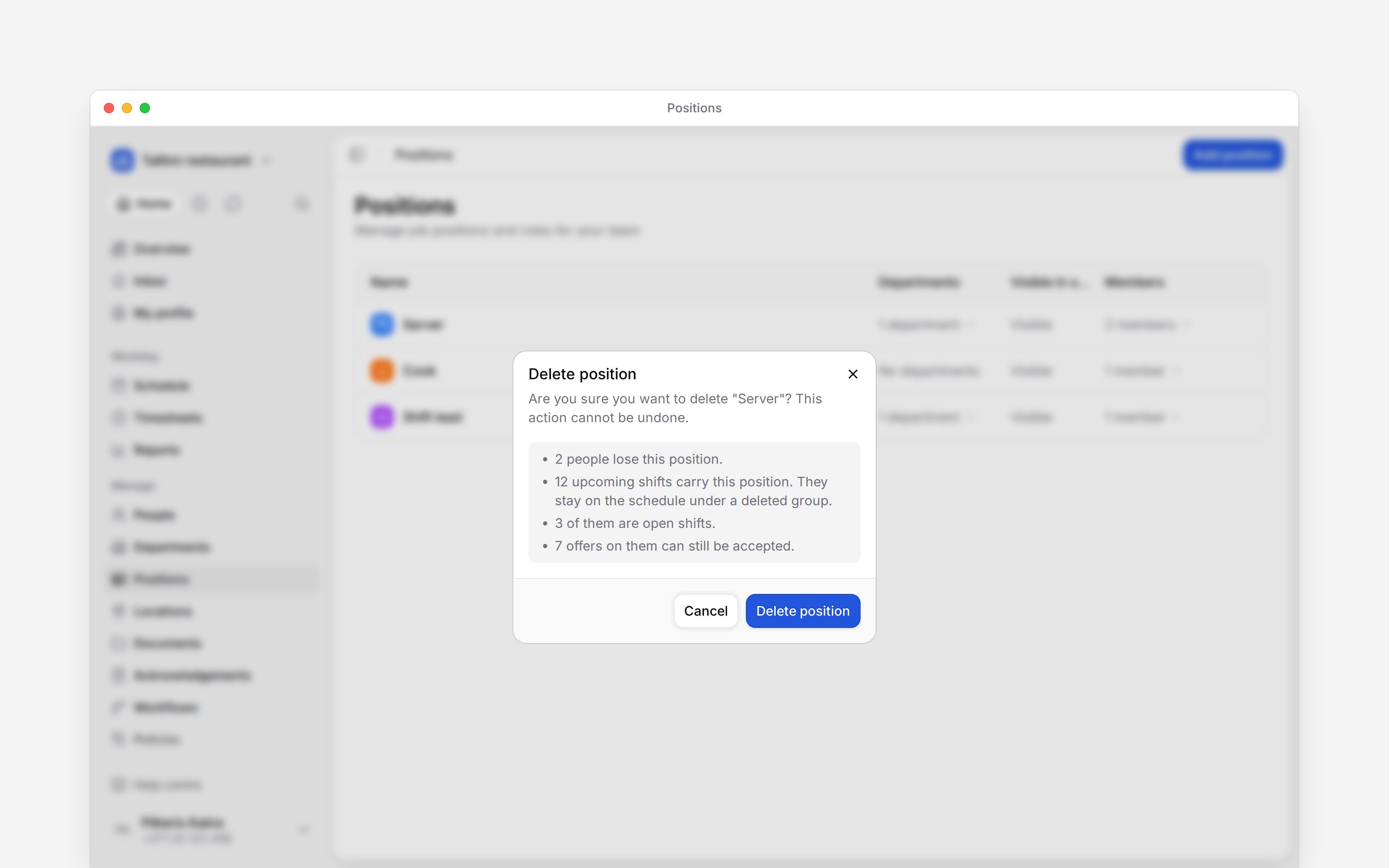 The Delete position dialog naming Server and counting the people, upcoming shifts, open shifts and offers the delete affects