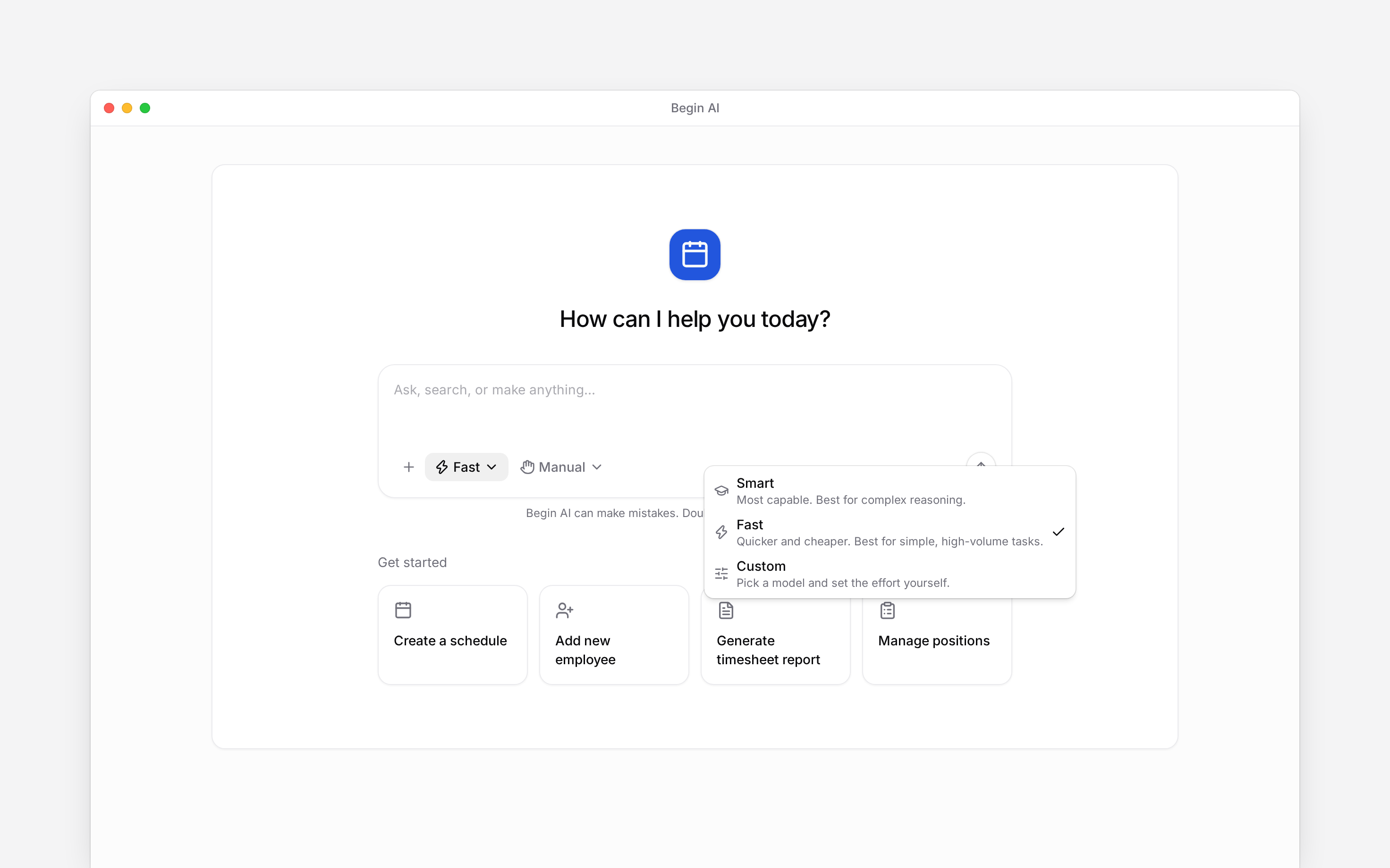 The Begin AI Assistant mode menu showing Fast, Smart and Custom
