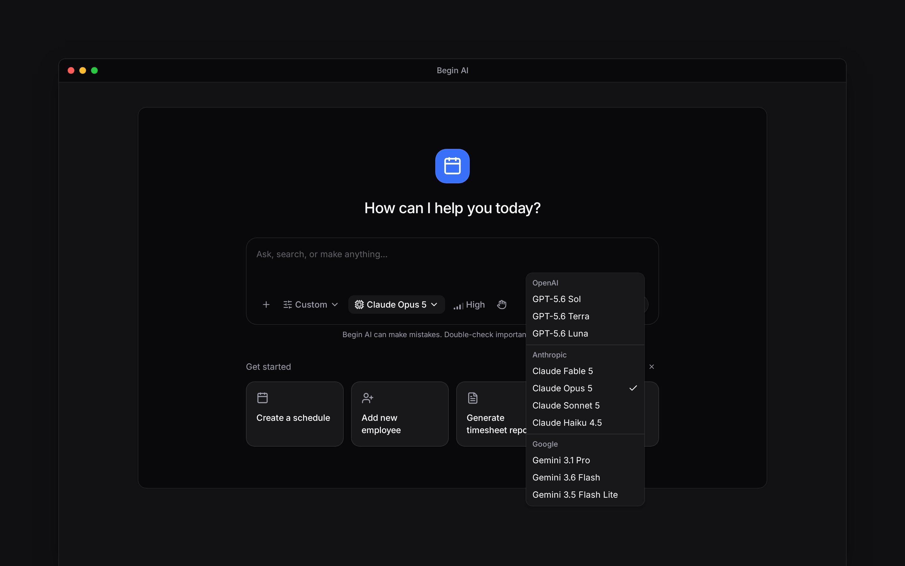A Custom Begin AI composer with the supported-model menu open and a High effort control