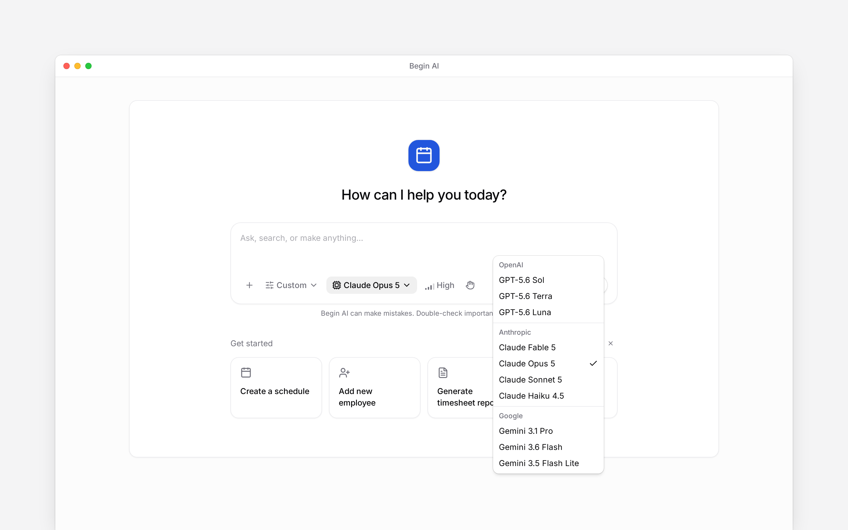 A Custom Begin AI composer with the supported-model menu open and a High effort control