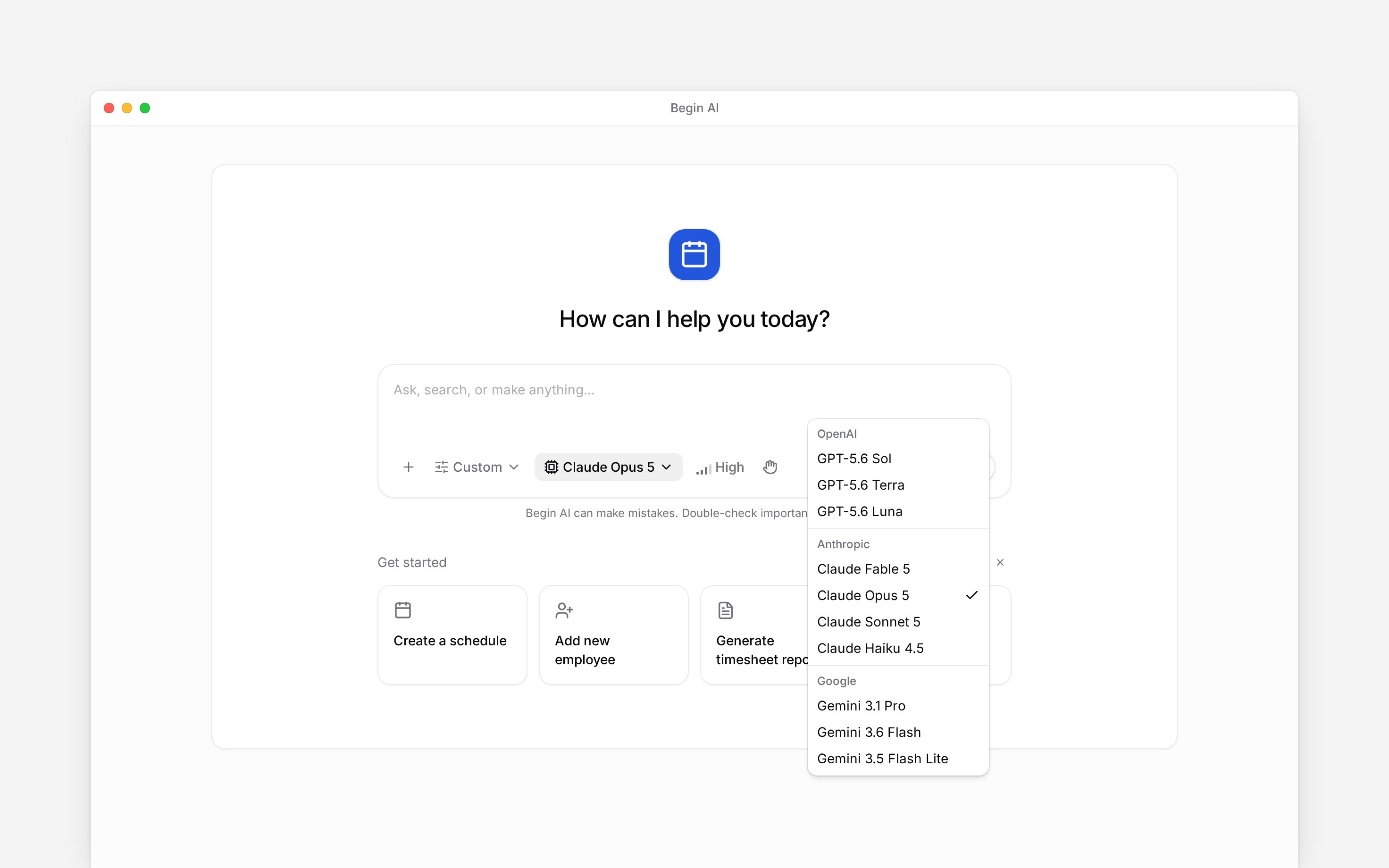 A Custom Begin AI composer with the supported-model menu open and a High effort control