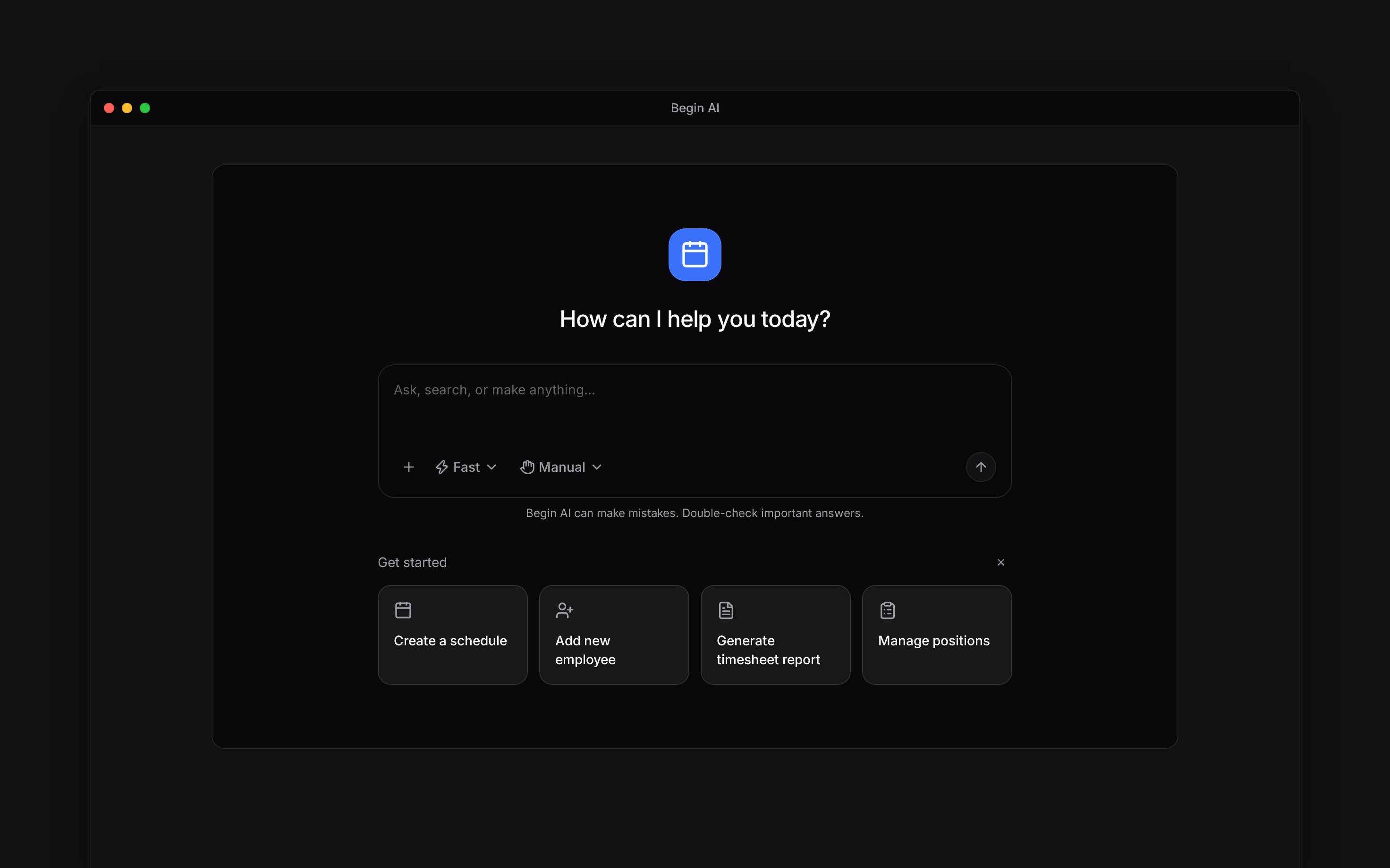 A new Begin AI chat with the composer ready for a question