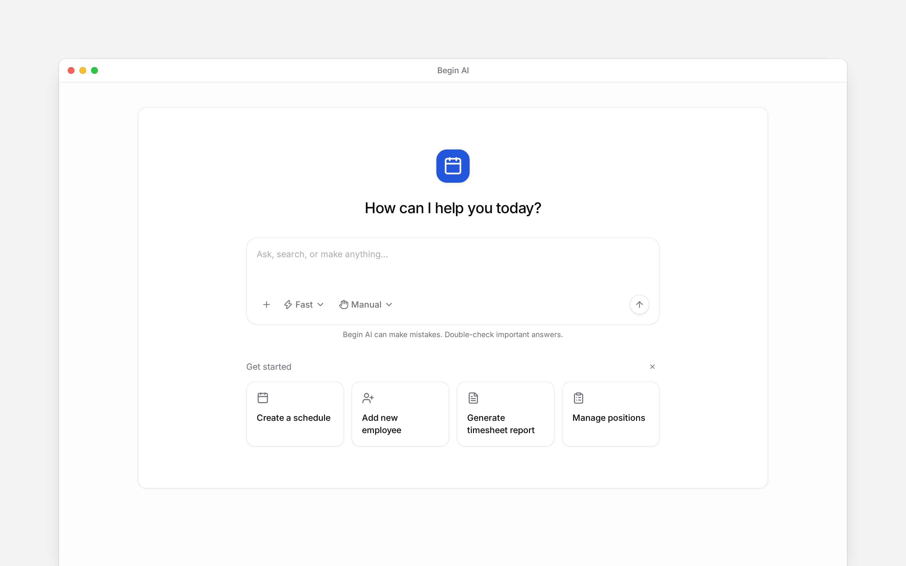 A new Begin AI chat with the composer ready for a question