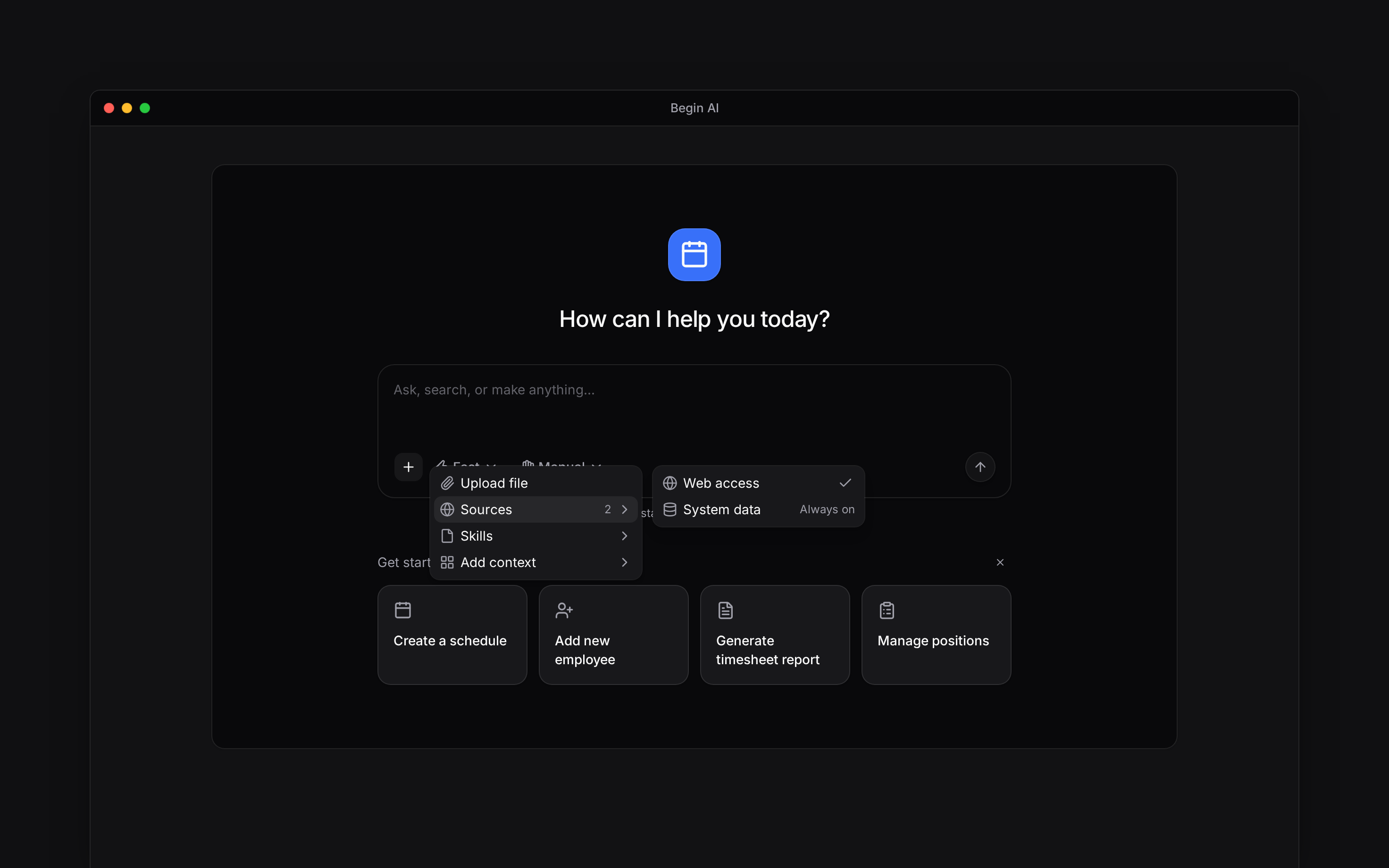 The Begin AI Sources menu with Web access selected and System data always on