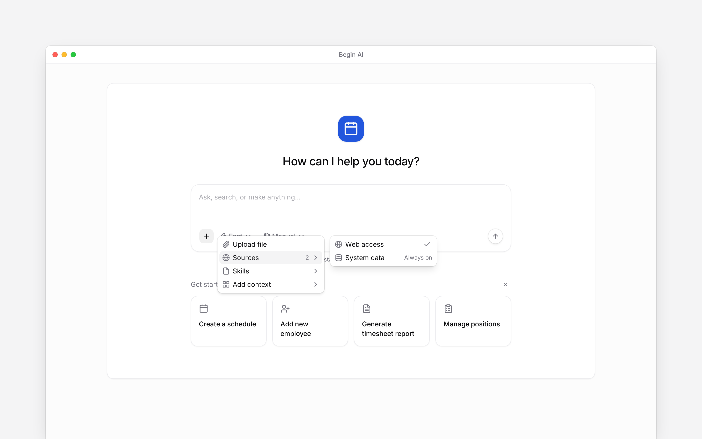 The Begin AI Sources menu with Web access selected and System data always on