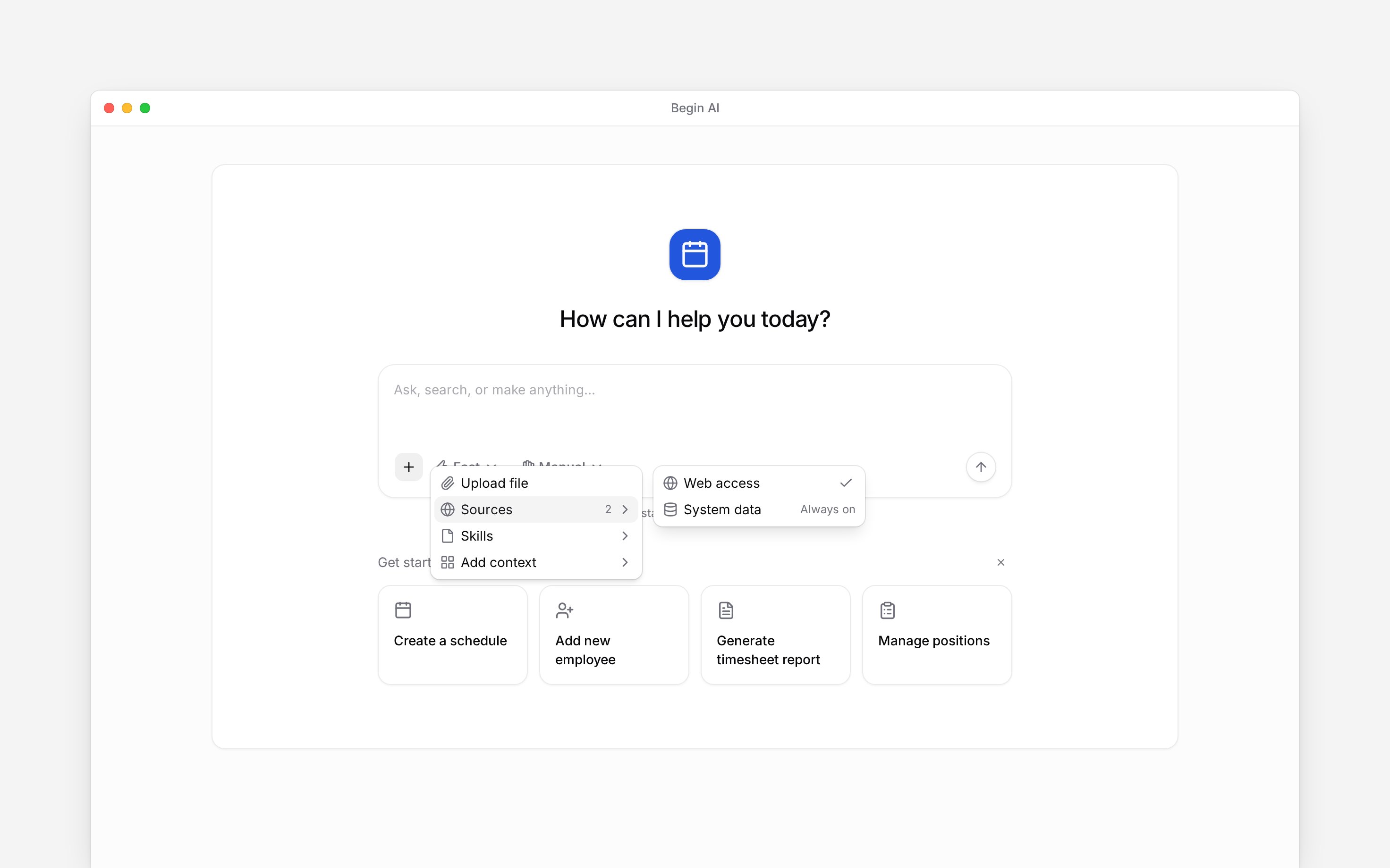 The Begin AI Sources menu with Web access selected and System data always on