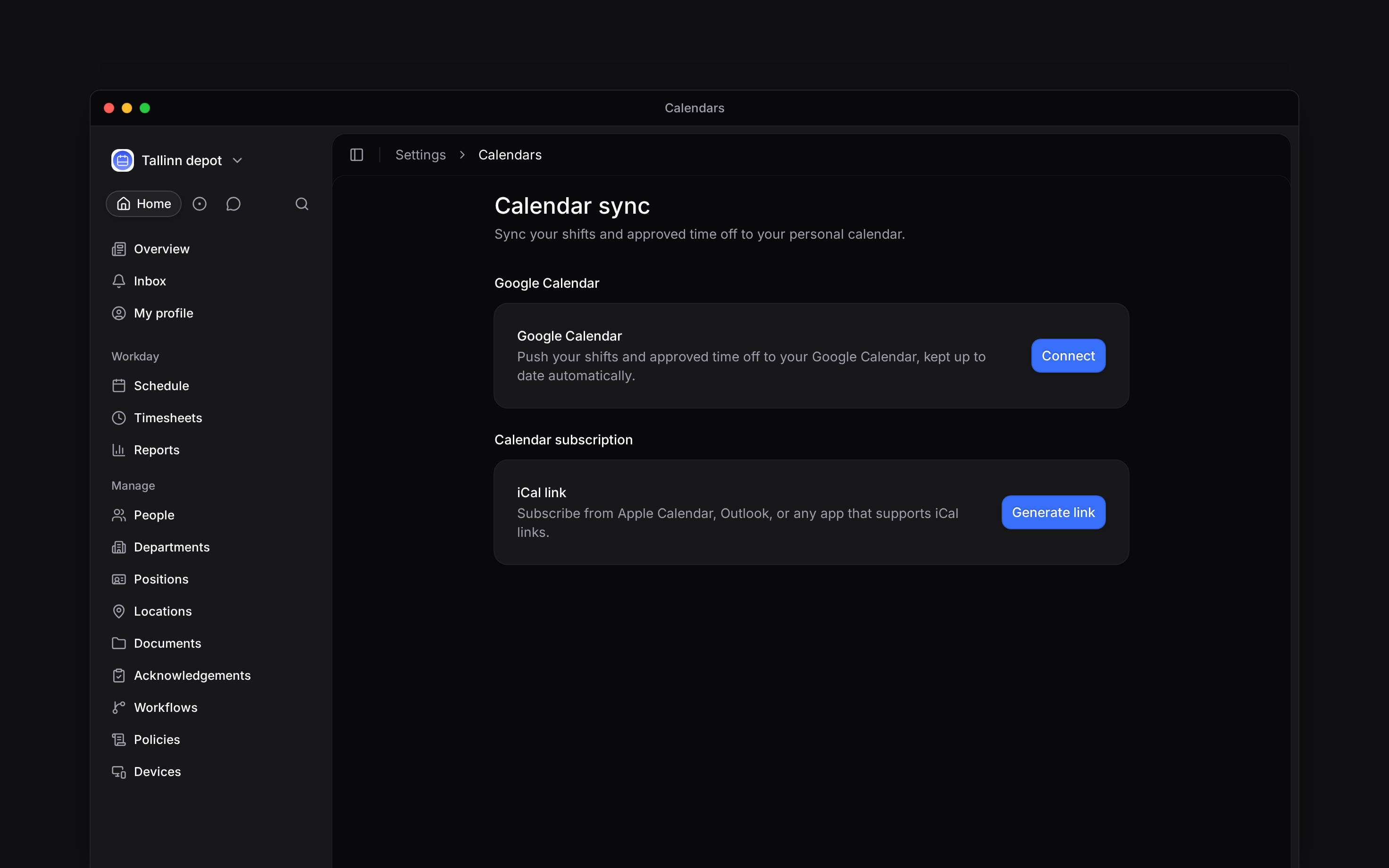 Keep your own shifts and time off in Google Calendar or a calendar subscription.
