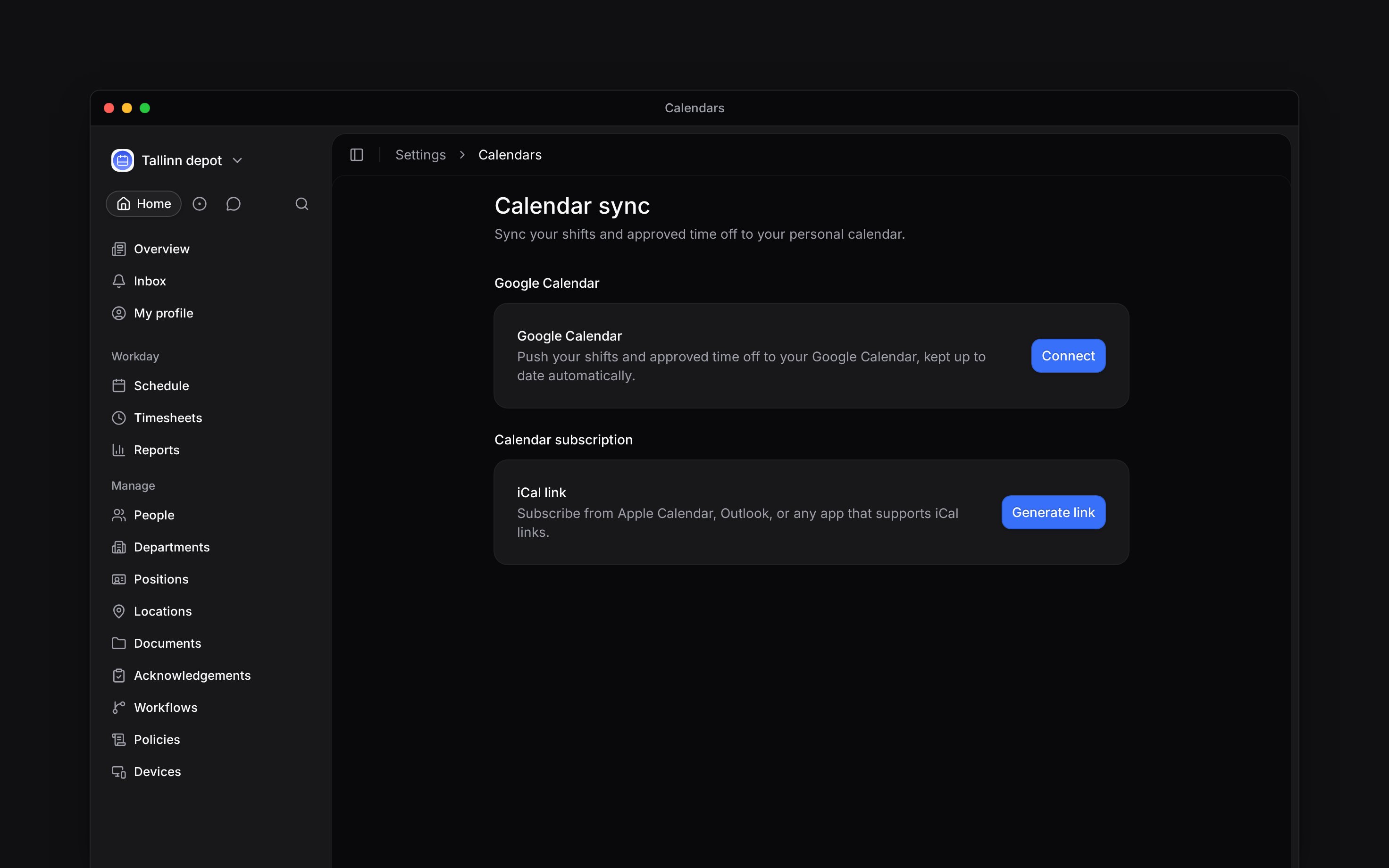 Keep your own shifts and time off in Google Calendar or a calendar subscription.