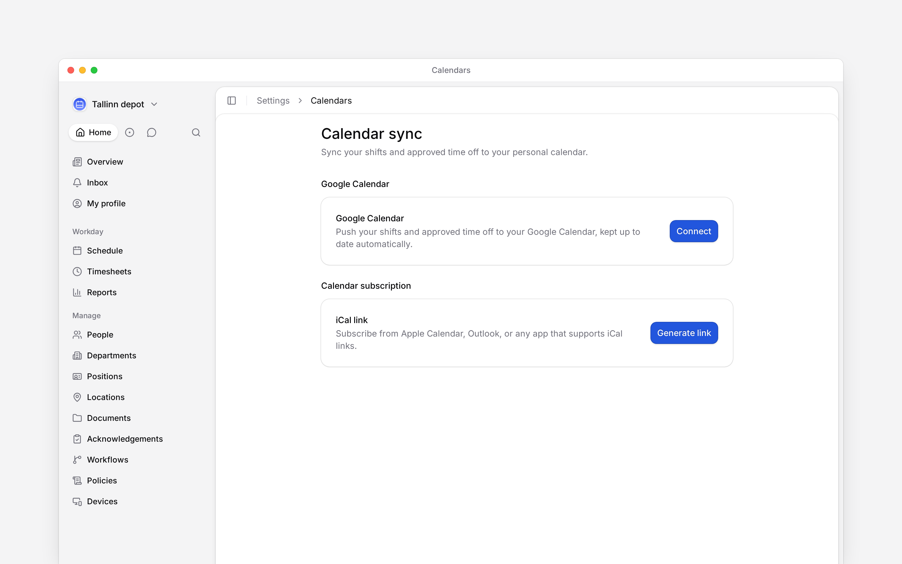 Keep your own shifts and time off in Google Calendar or a calendar subscription.