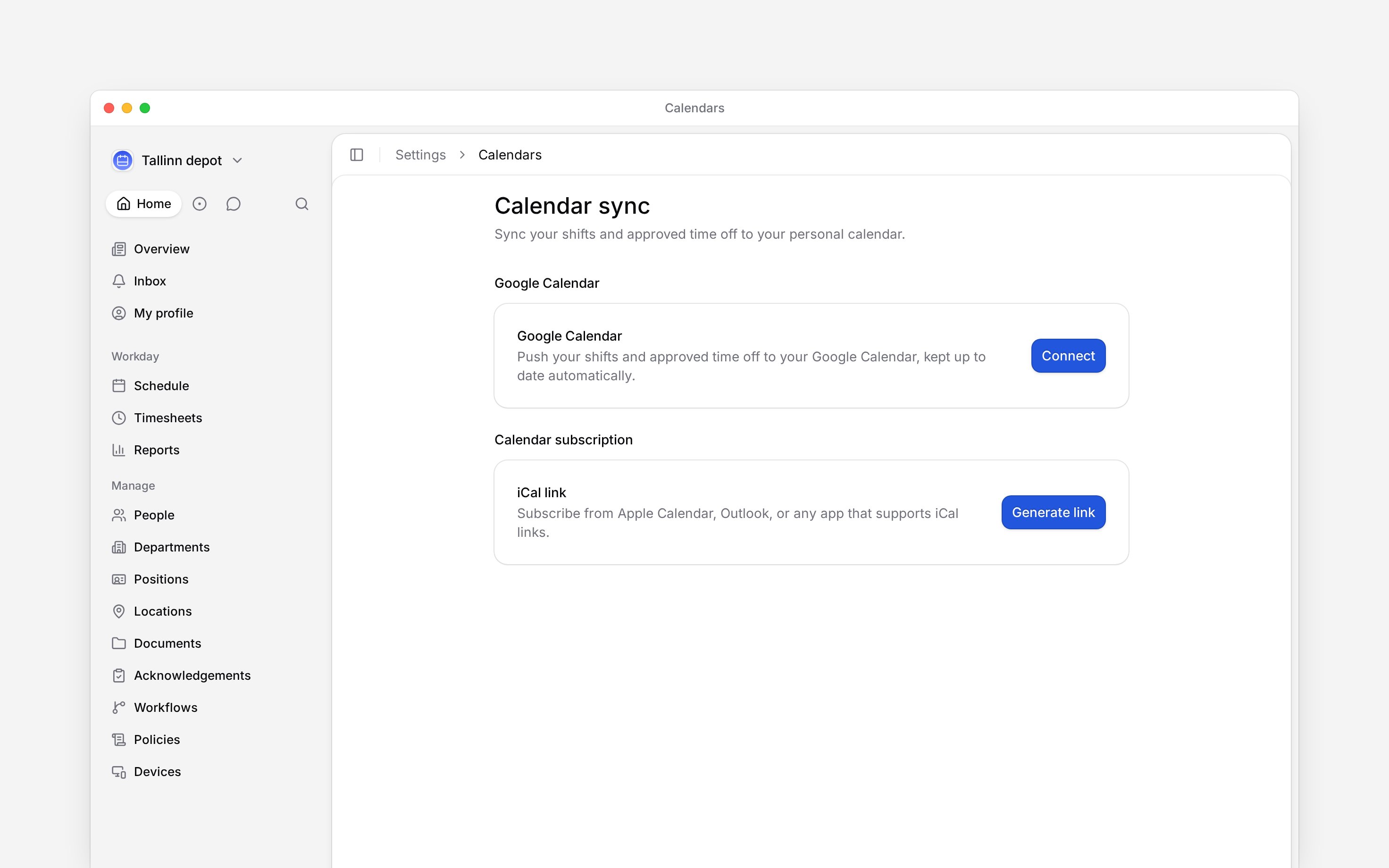 Keep your own shifts and time off in Google Calendar or a calendar subscription.