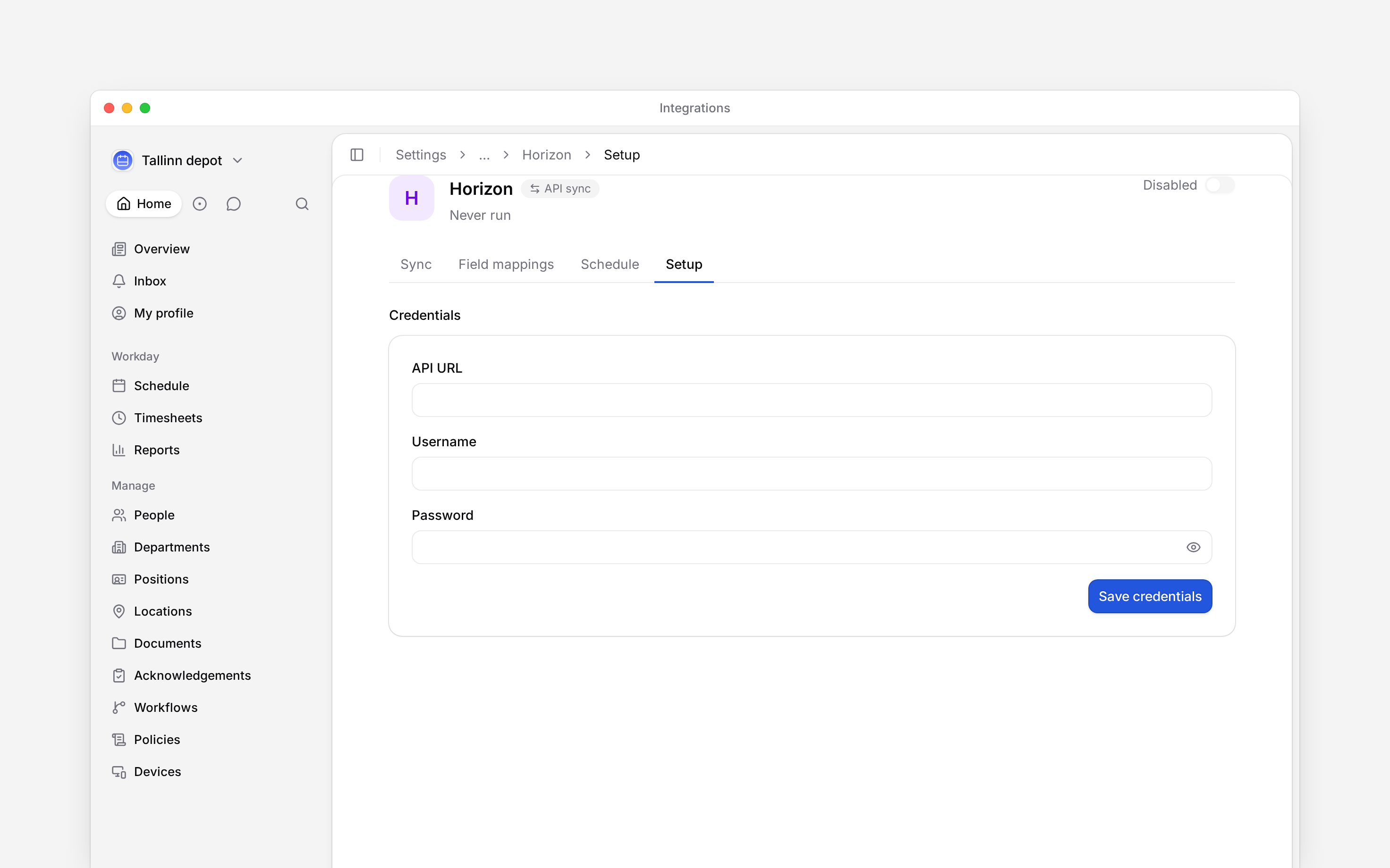 Configure Horizon payroll types and exchange hours, absences and employee data.