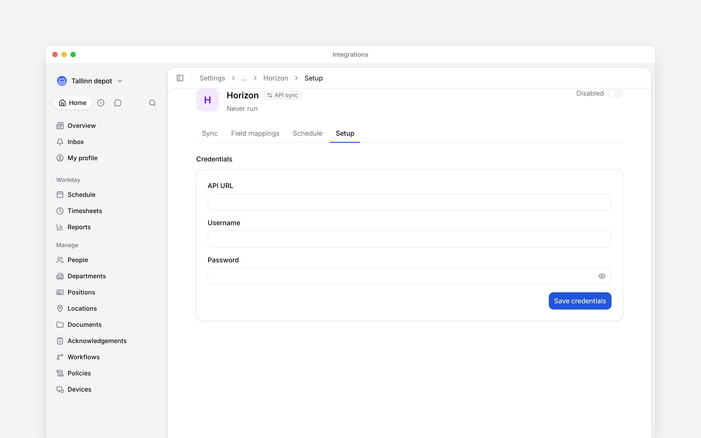 Configure Horizon payroll types and exchange hours, absences and employee data.