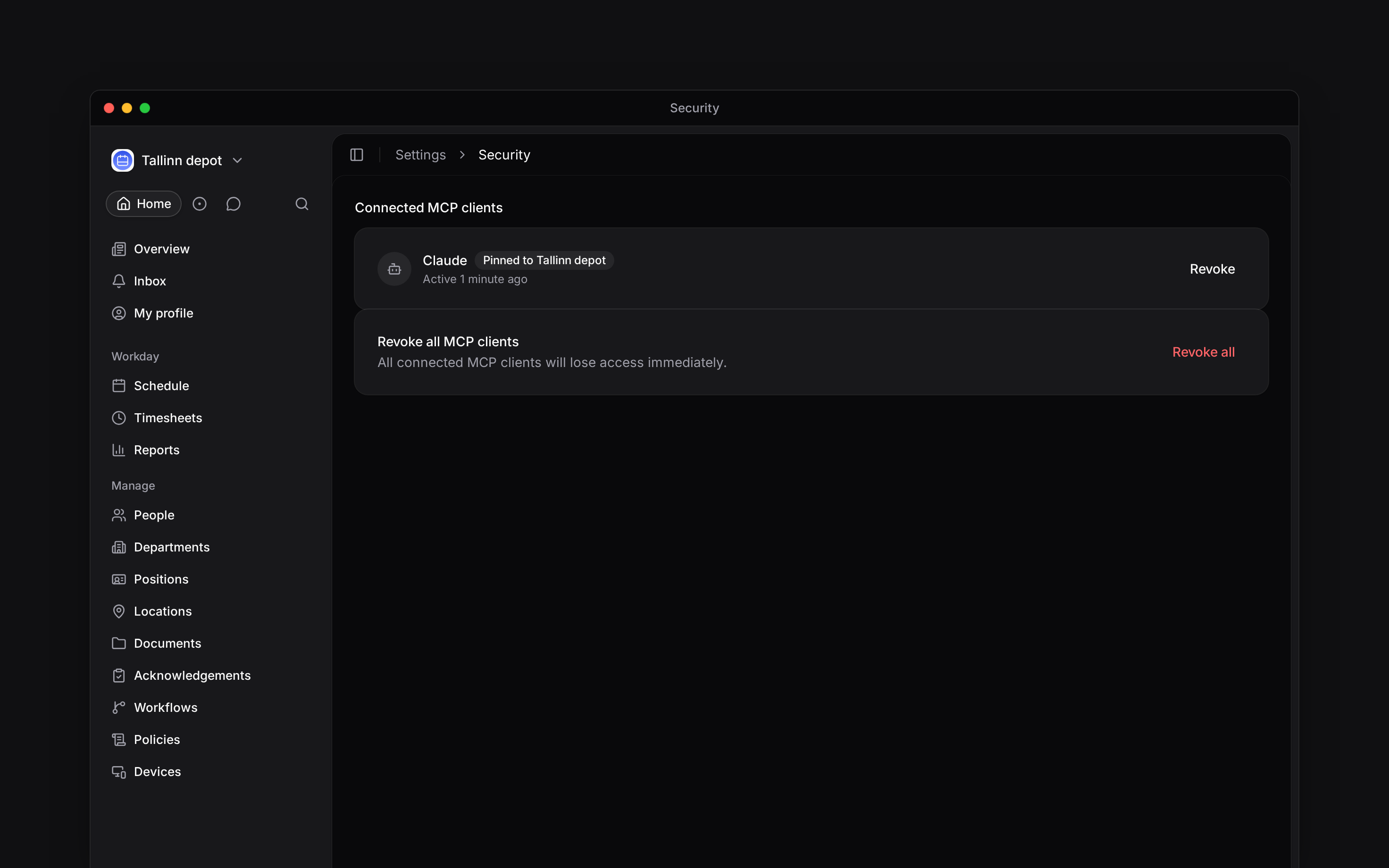 Connect an AI client, check its workspace and control its access to Begin.