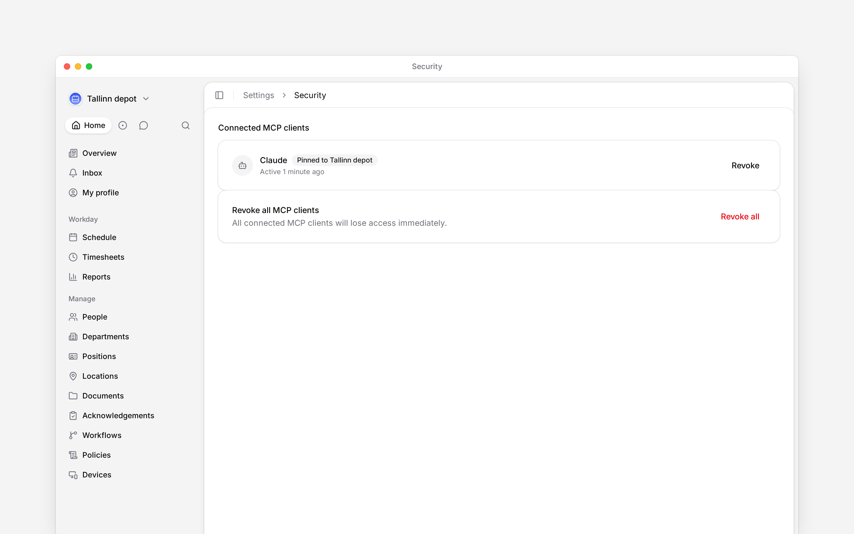 Connect an AI client, check its workspace and control its access to Begin.
